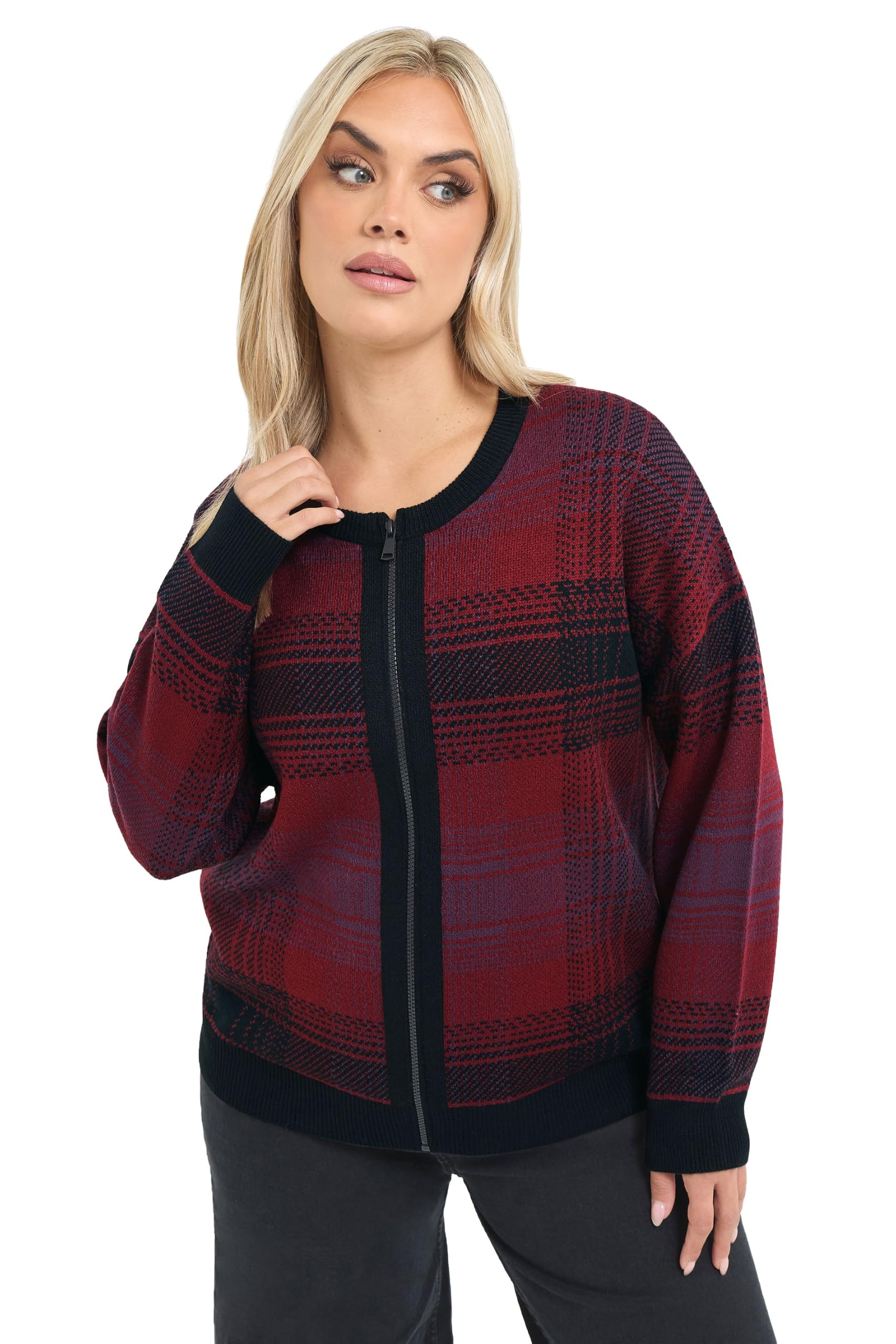Yours Women's Red Limited Collection Curve Checked Zip Through Cardigan - Plus Size Curve