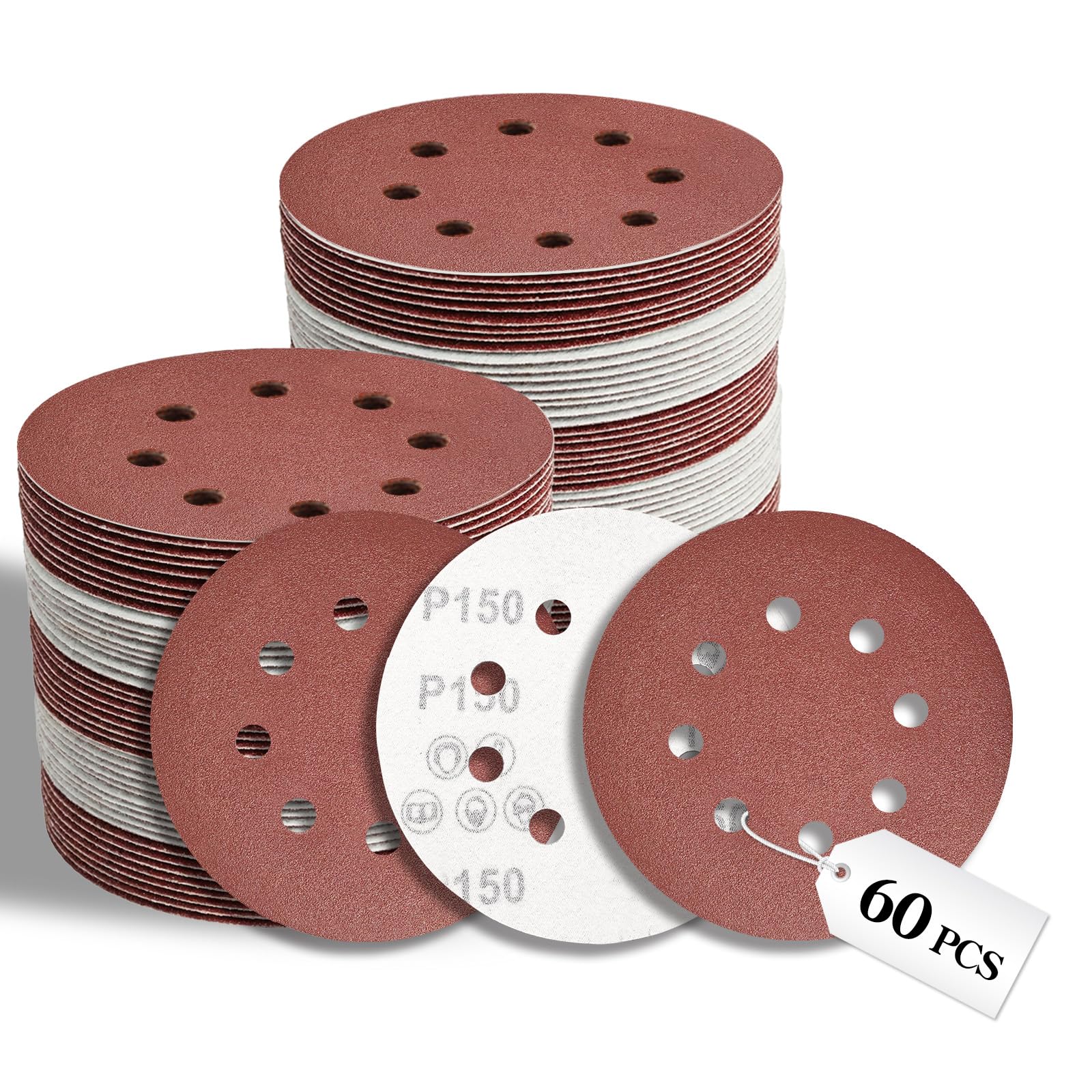 VKMKM 125mm Sanding Discs 60PCS, 150 Grit Orbital Sander Discs, 8-Hole Hook and Loop Sandpaper for Wood & Metal, Aluminium Oxide