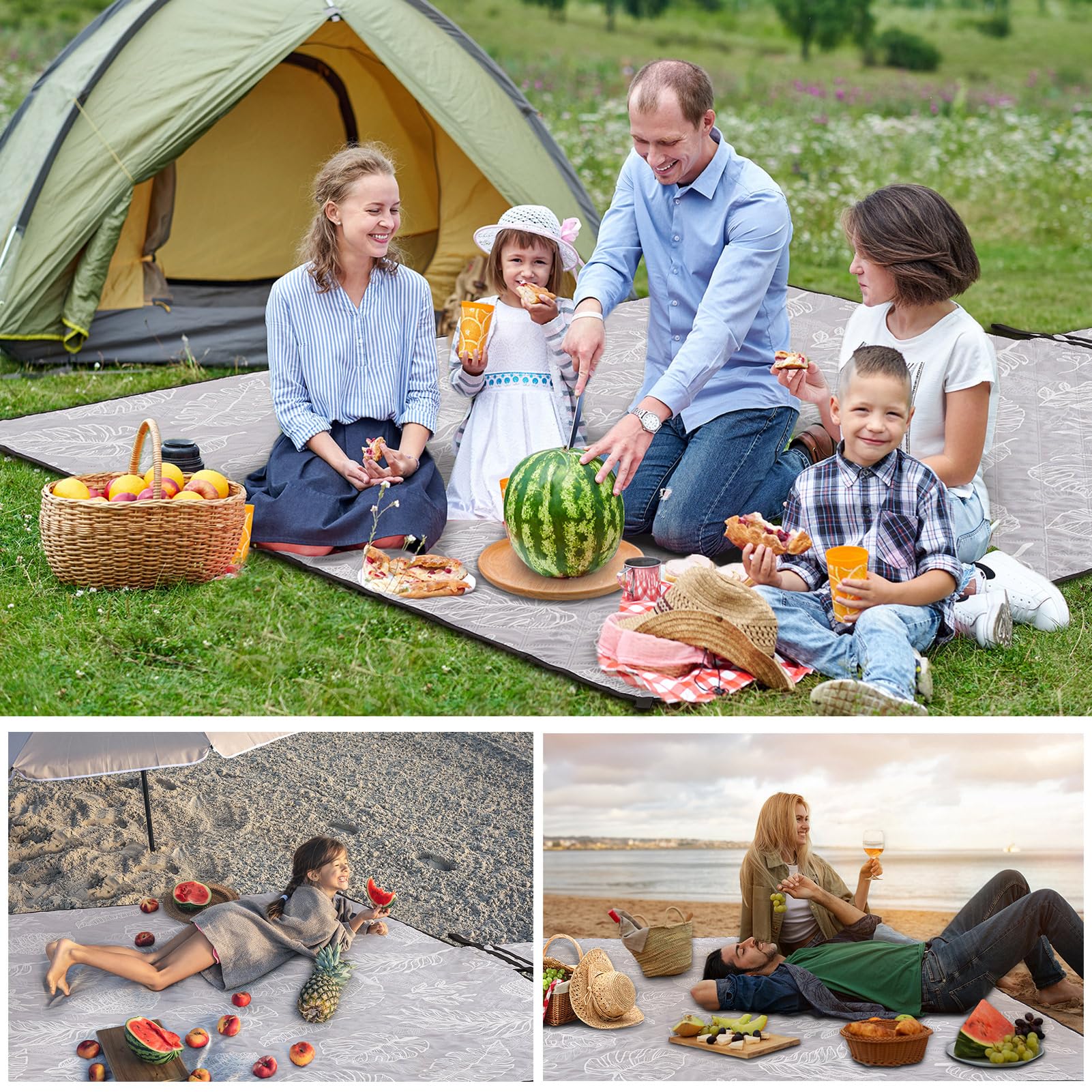 HAUSPROFI Couverture de Pique-Nique 200x200cm, Imperméable et Isolante - Tapis de Plage Anti Sable et Camping, Rembourrage Coton, Pliable avec Poignée et 4 Piquets, Lavable en Machine sans Déformation