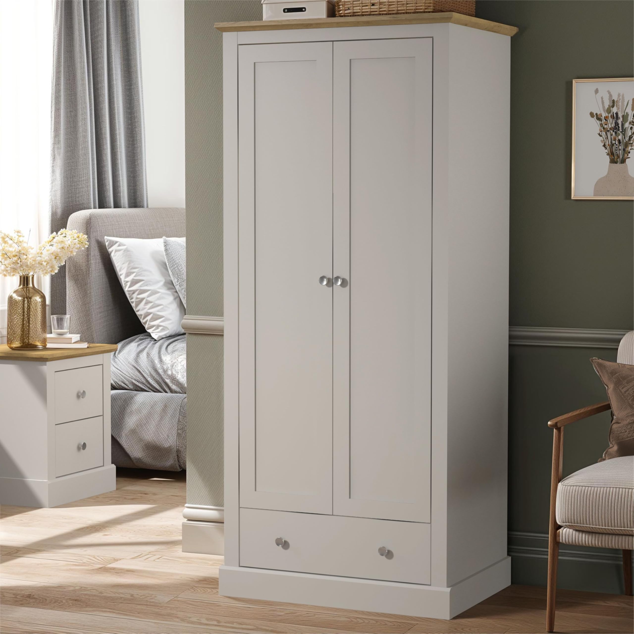 Galano Surrey 2 Door 1 Drawer Wardrobe – Minimalist Bedroom Furniture with Hanging Rail and Drawer – Compact Wardrobe Storage Unit – Grey/Oak