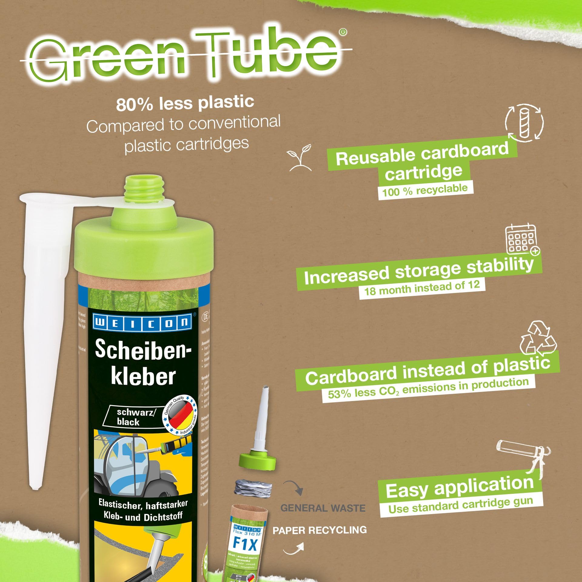 WEICON Green Tube Set di colla per parabrezza, 280 ml, colla per dischi su veicoli e macchine agricole, cartuccia di carta riciclabile al 100%, riutilizzabile, nero