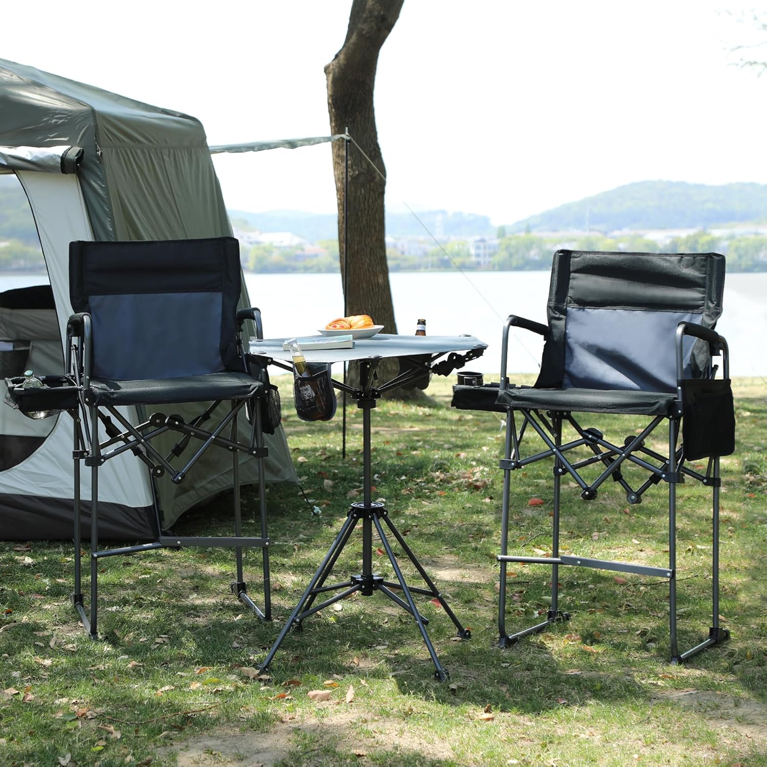 Tall Folding Directors Chairs & Adjustable Height Folding Table Set,Portable Outdoor Bar Table & Foldable Director Chairs with Makeup Pocket for Backyard,Beach,Travel(Includes Storage Bag)