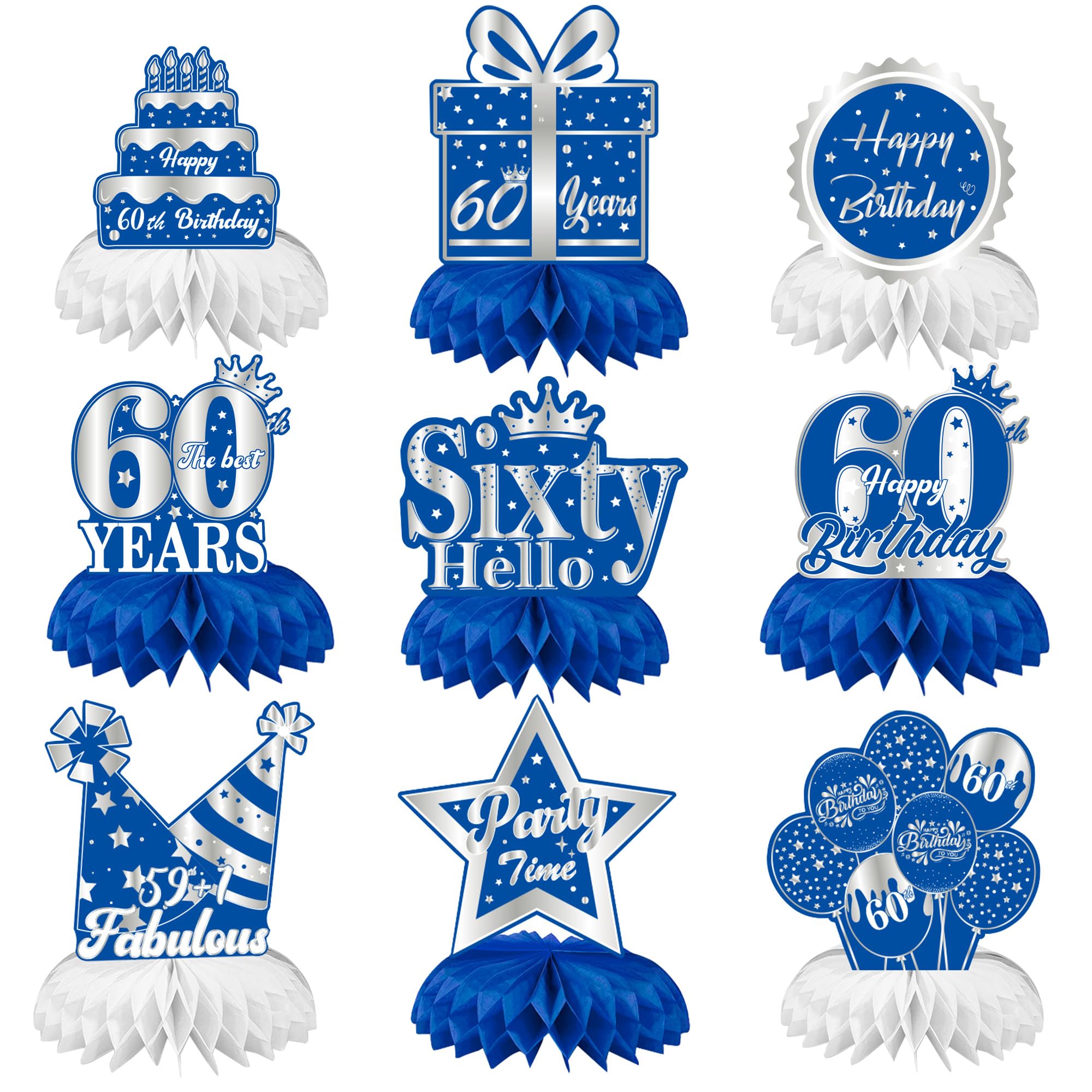 Blue Silver 60th Birthday Honeycomb Centerpieces Party Decorations, 9Pcs 60th Birthday Table Toppers Party Decoration Supplies for Men Women Birthday - Cheer to 60 Years Old Birthday (60th)