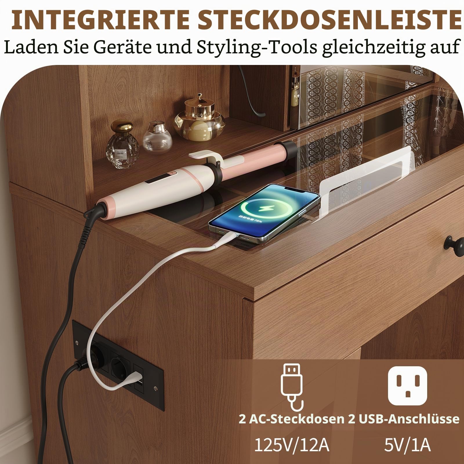Schminktisch mit LED-Spiegel & Glasplatte, Beleuchteter Frisiertisch mit 3-Farben-LED, Schubladen, Glasvitrinen, USB/AC-Anschlüssen und kratzfester Oberfläche für den perfekten Beauty-Bereich