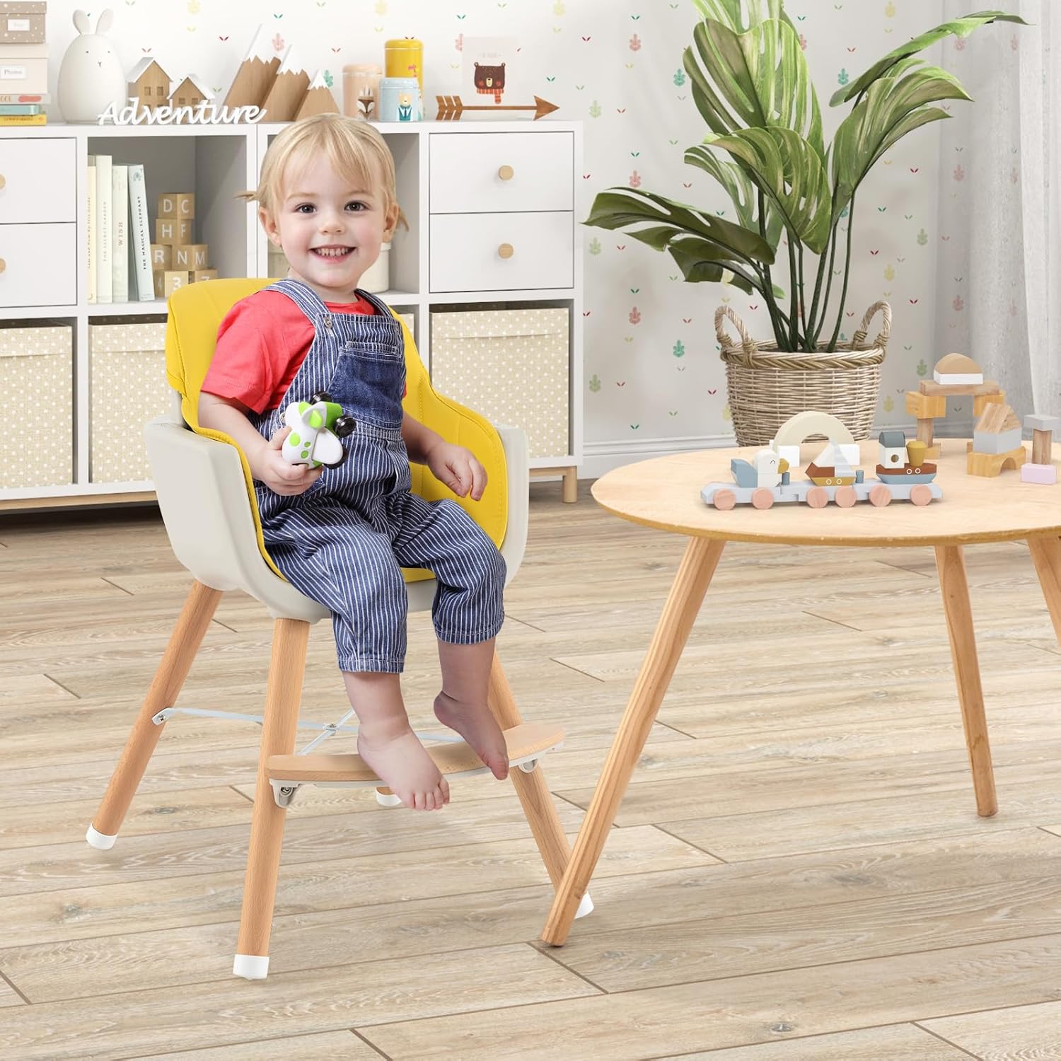 HONEY JOY Baby High Chair, 6-in-1 Eat & Grow Wooden Highchair/Toddler Chair with Removable Tray, 5-Point Harness, PU Cushion and Footrest, Convertible High Chair for Babies and Toddlers(Yellow)