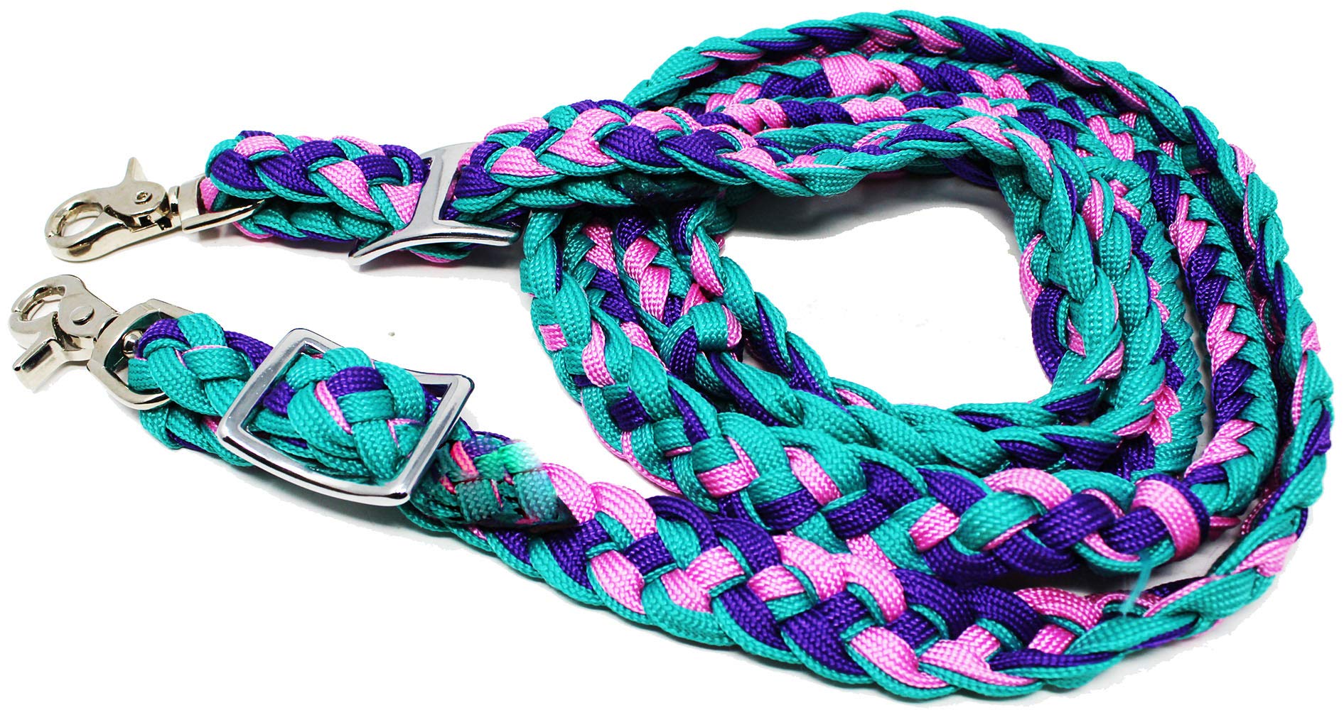 Pro Rider Roping Knotted Western Barrel Reins Nylon Braided Pink Turquoise 60770