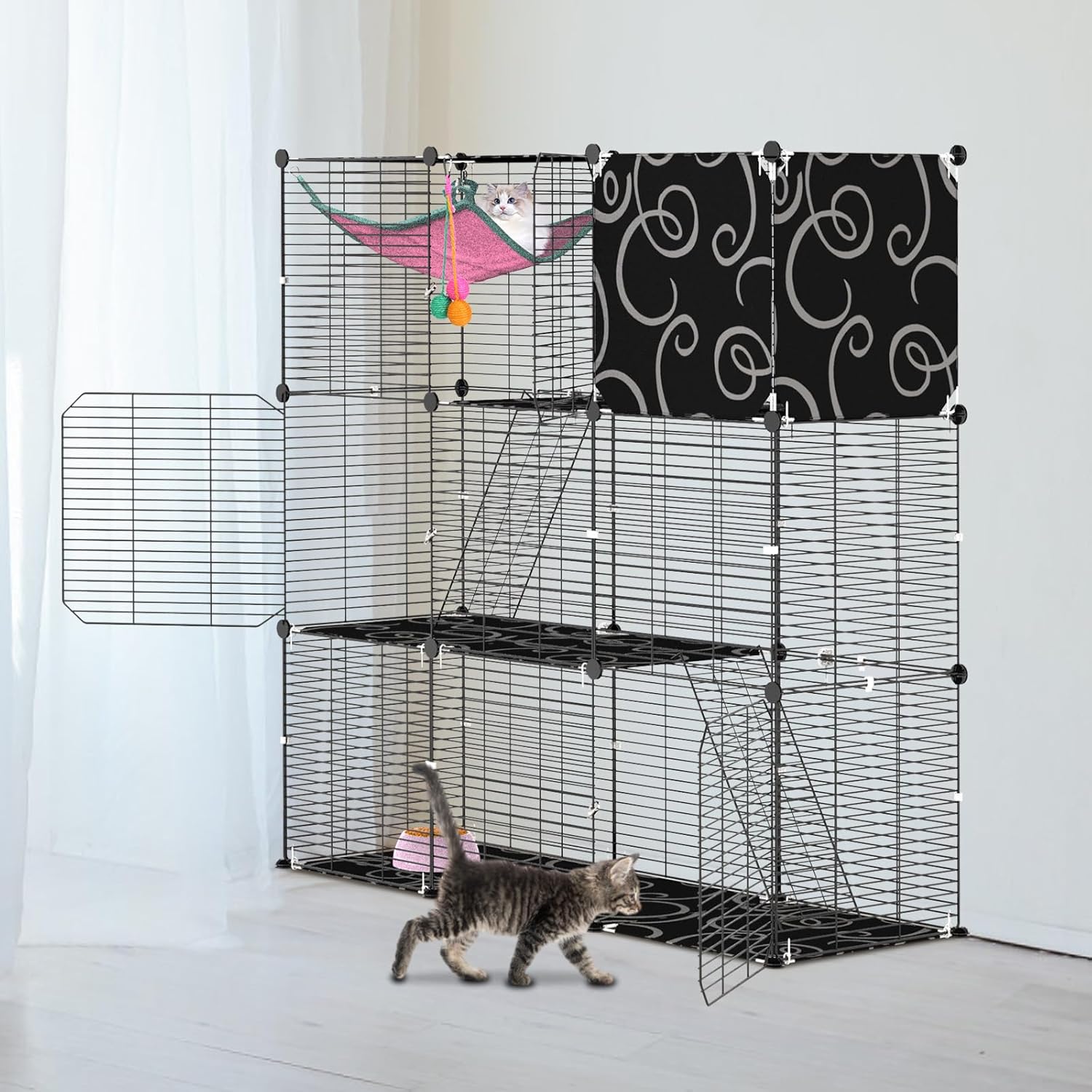 3-Tier Cat Cage, Indoor Cat Enclosures with Hammock Toy Bal Ladders, DIY Cat Playpen Detachable Metal Wire Kennels Kitten Crate Cats House Large Exercise Place for 1-2 Cats/Kitten, 42"x14"x42" 42"x14"x42" with Hammock & Toy Ball