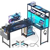 Casaottima Gaming Desk with Power Outlets & LED Lights, 43 Inch Reversible L Shaped Computer Desk with Shelves & Storage Bag, Corner Desk for Home Office, Black