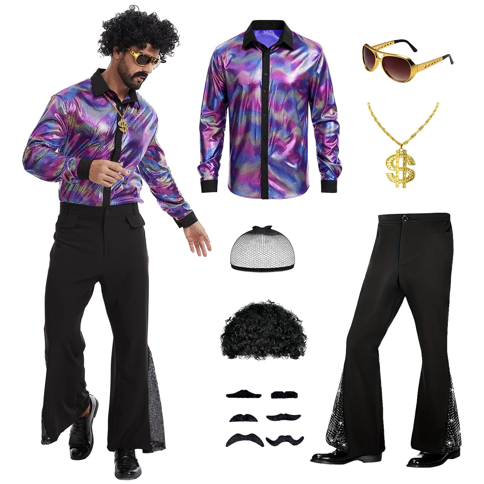 LLTTEER 70s Disco Costume for Men,7 Piece Hippie Outfit with Wig and Accessories,Retro 70s 80s Style Disco Fancy Dress for Halloween Theme Parties (Purple,S)