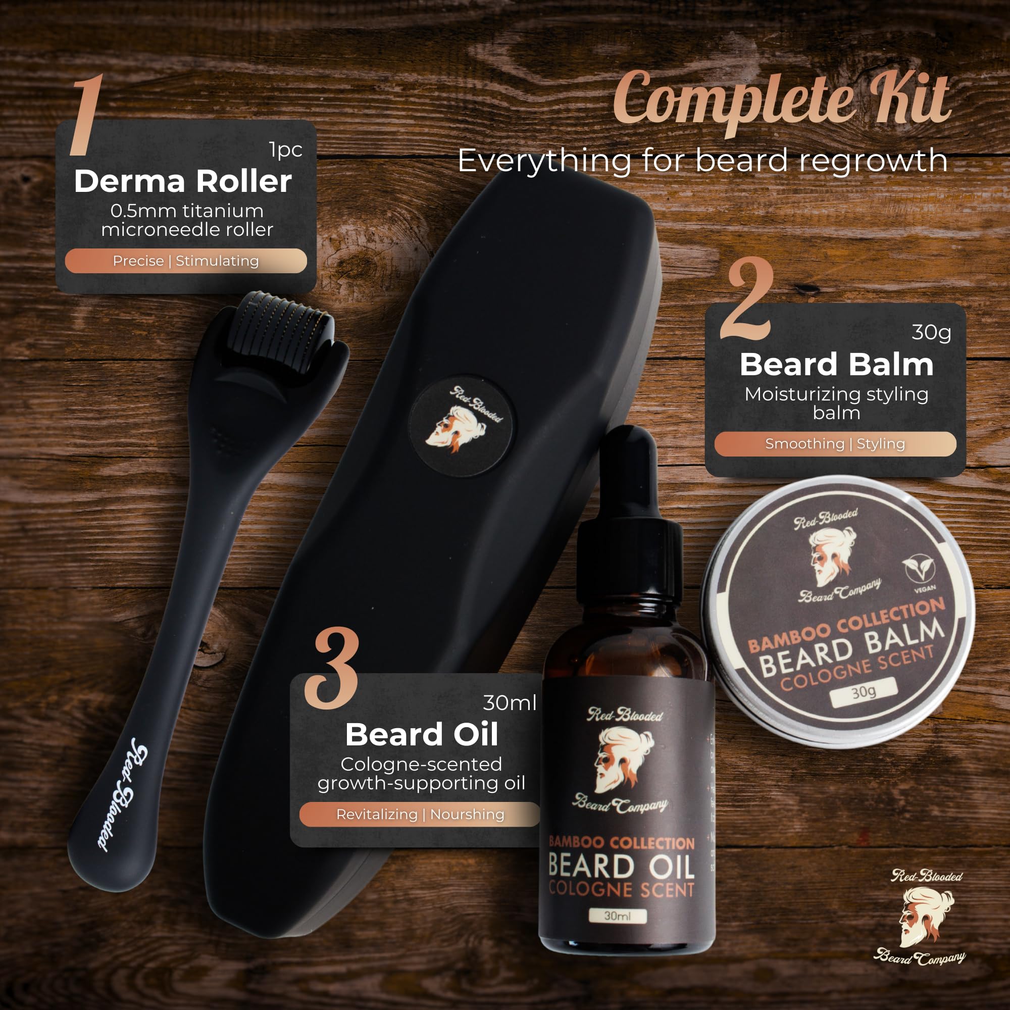 Red-Blooded Kit Crescita Barba Uomo - Beard Roller + Olio barba + Balsamo Barba | Stimolare La Crescita Della Barba | Kit Barba Uomo Professionale | Set Barba Uomo Regalo | Dermaroller Barba
