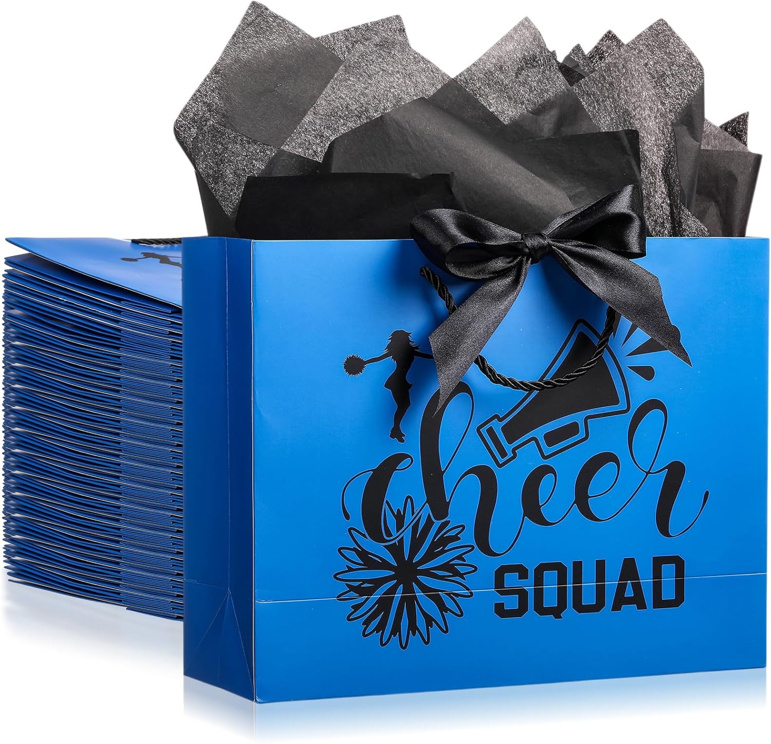 Engrowtic 12 Pcs Cheer Party Gift Bags Bulk 12.6 x 9.8 Inch Cheerleader Goodie Bags with Handle and Tissue Paper Cheerleading Party Favors for Cheerleader Squad Birthday Supplies(Blue)