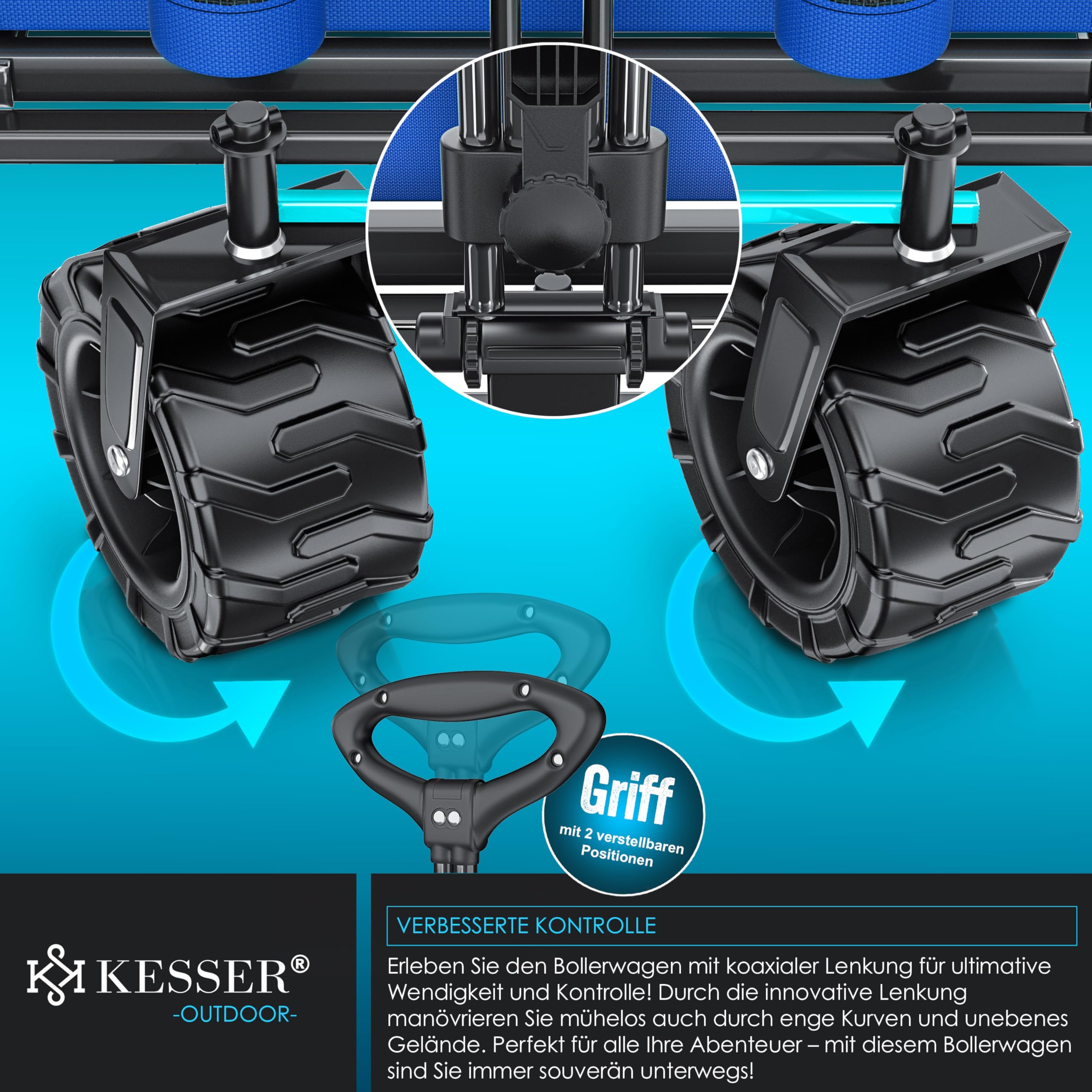 KESSER Chariot de transport pliable - Charge maximale : 150 kg - Avec pneus larges en caoutchouc solide - Chariot de transport avec 2 poches en filet et poche latérale - Chariot de transport pliable