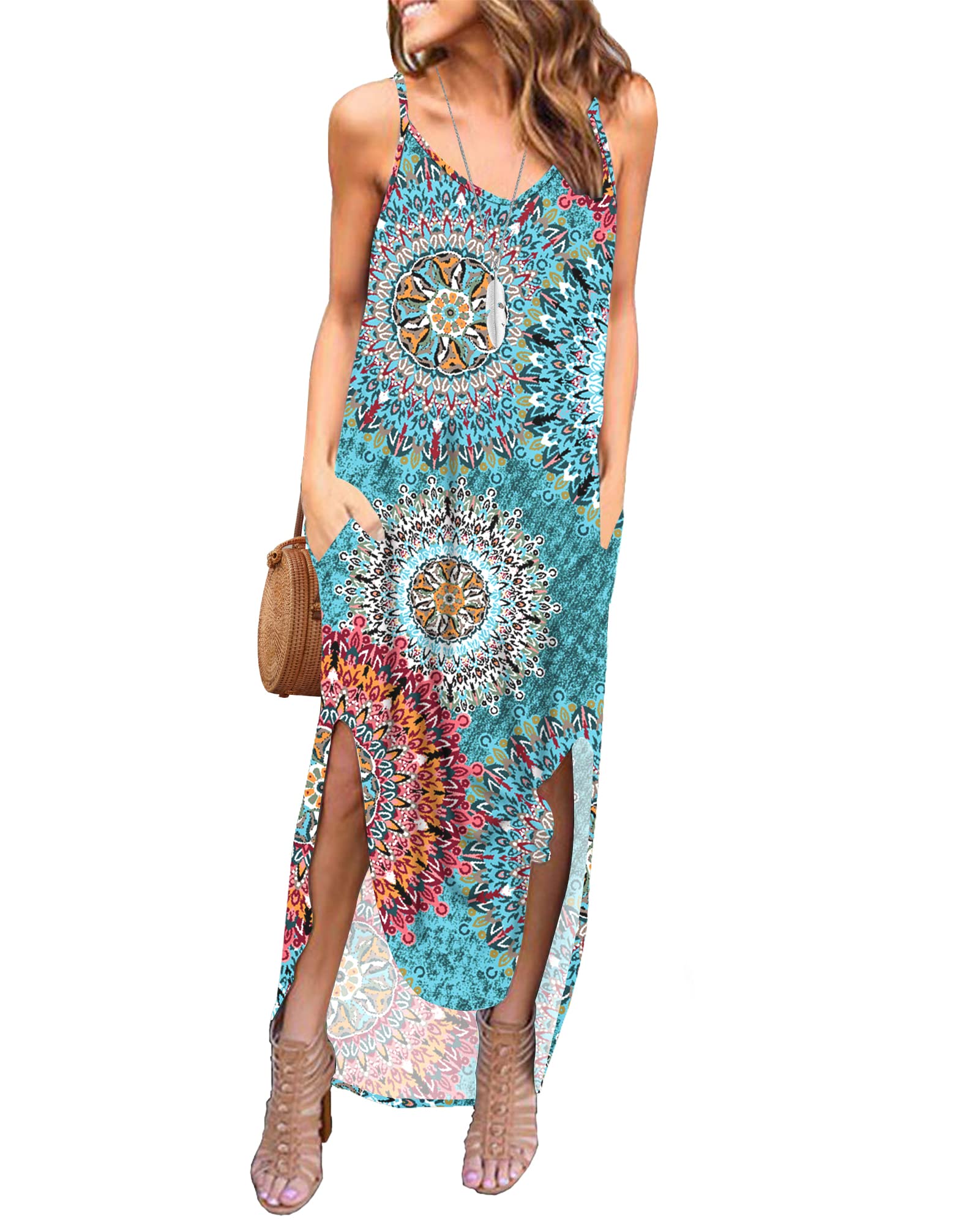 AUSELILY Vestido Largo para Mujer Verano Vestido Playa Sin Mangas Cuello V Maxi Vestido Informal Sexy Bohemio Floral Vestido con Bolsillos