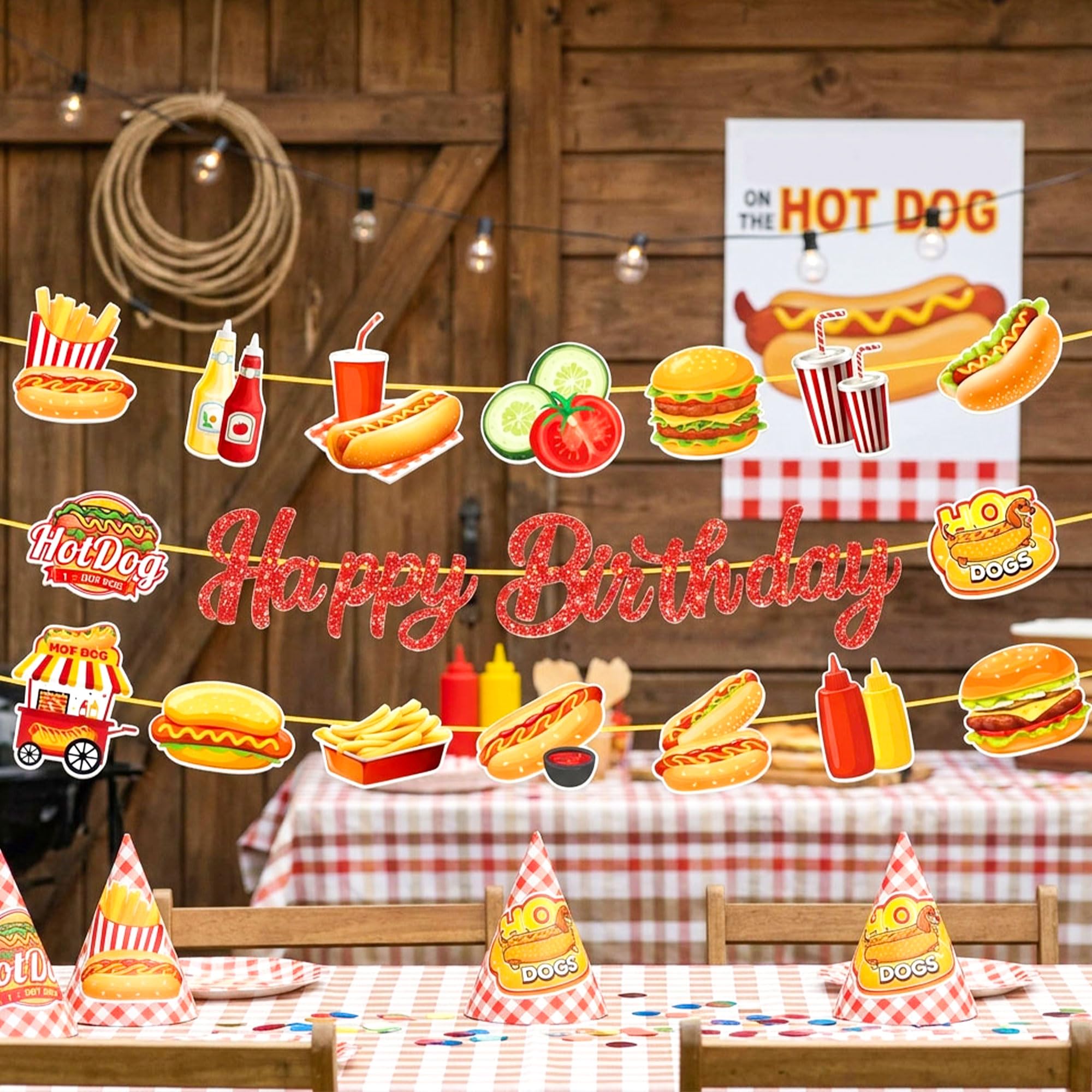 LaVenty Hotdog Hamburger Happy Birthday Banner Hotdog Bar Party Decorations for BBQ Picnic Sausage Garden Party Supplies