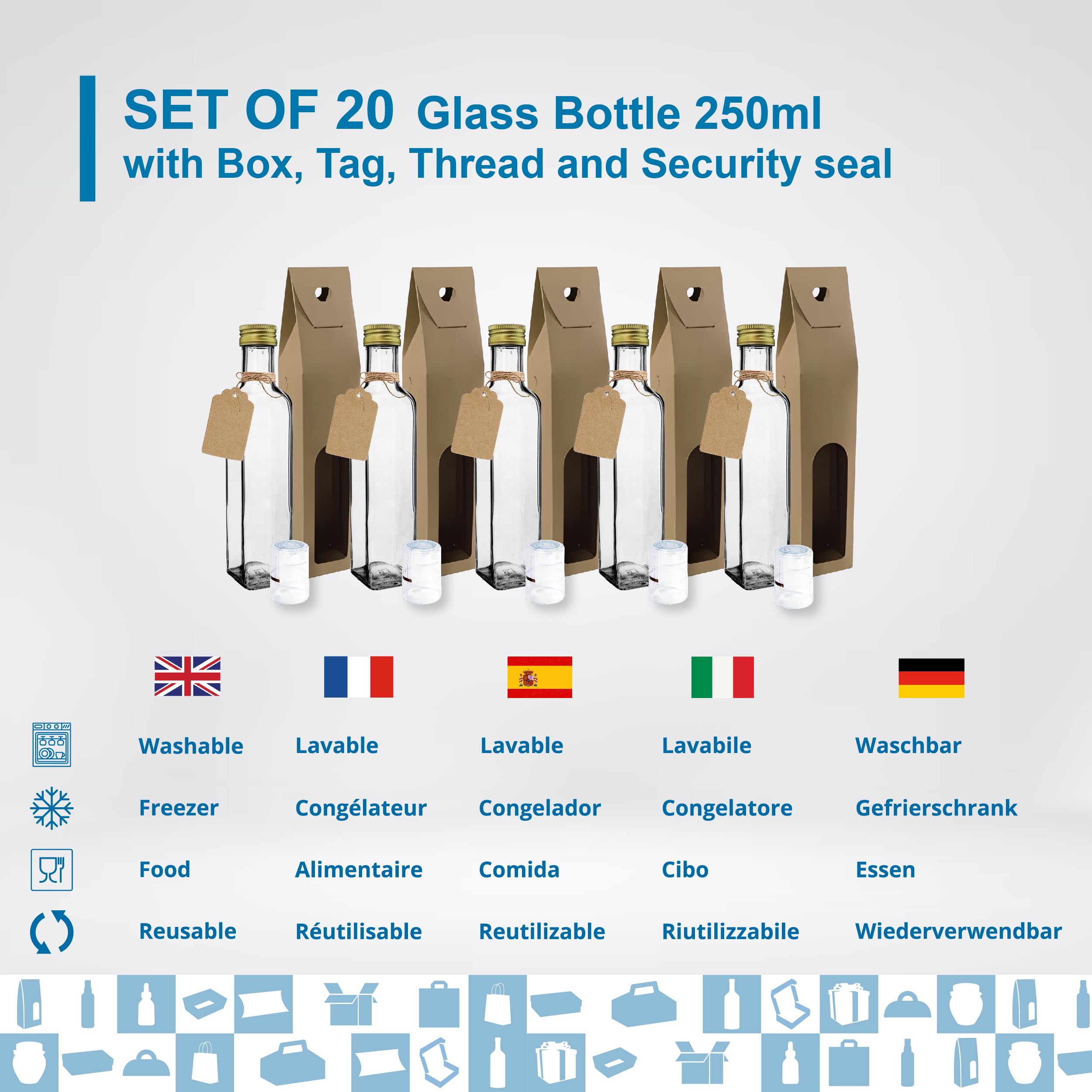 20 bottiglie in vetro da 250 ml con tappo a vite dorato con beccuccio versatore + 20 scatole + 20 sigilli + 20 etichette Kraft + spago | olio d'oliva, aceto, alcol, salse | olio di vetro