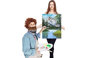 Bob Ross Canvas Costume with Afro Wig for Halloween Cosplay