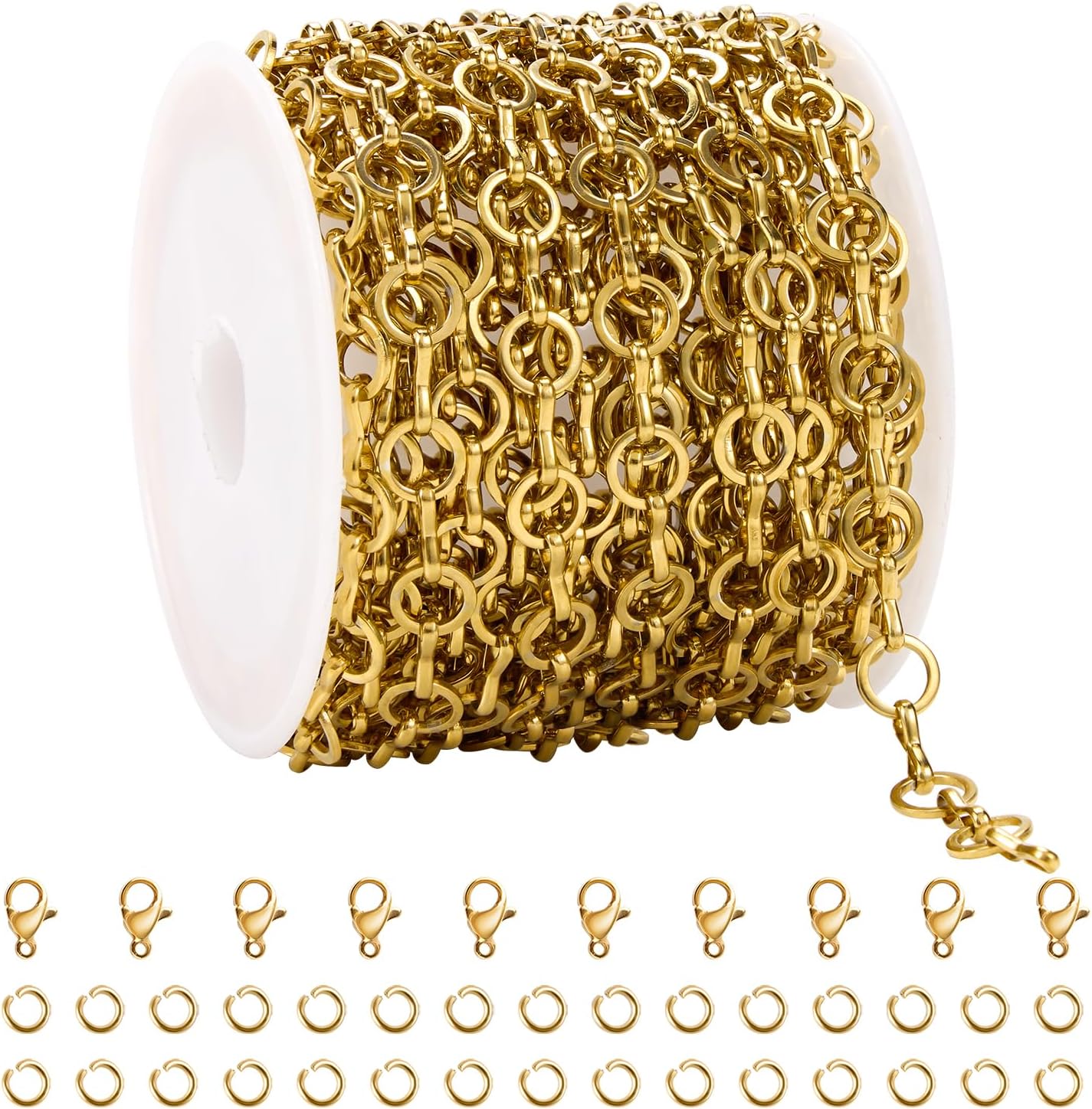 YOUBEIYEE 13 Feet Gold Plated Cross Chain for Jewelry Making Stainless Steel Bar Link Chains Bulk on Spool with Jump Rings Lobster Clasps