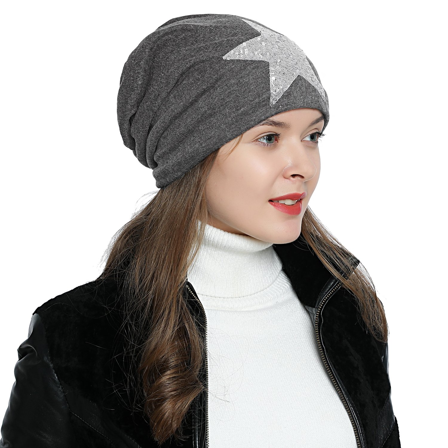 DonDon Mütze Damen Wintermütze Slouch Beanie gefüttert mit Stern Print