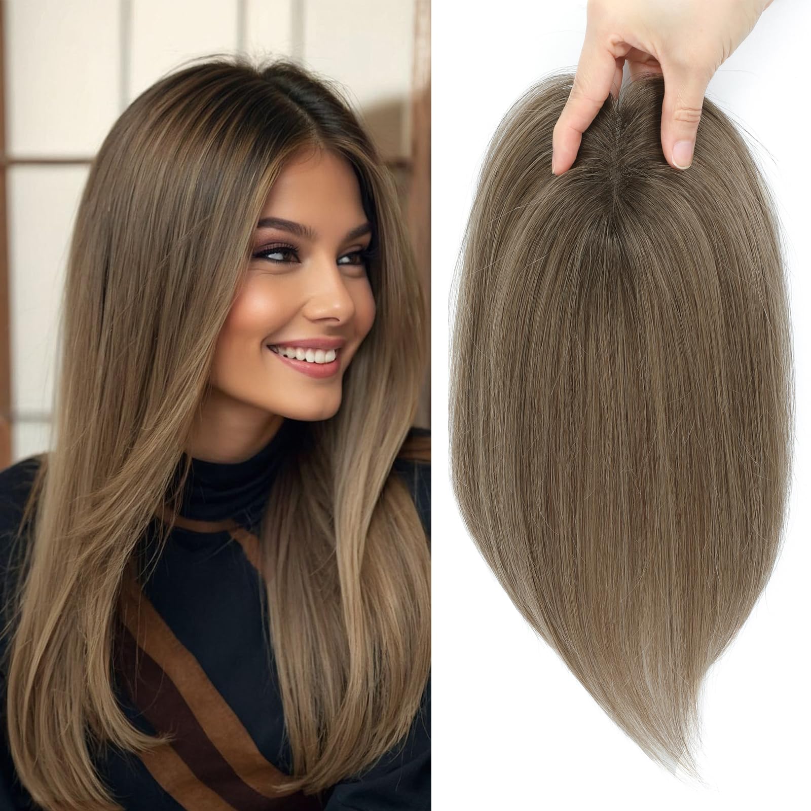 Real Human Hair Toppers,10 Inch Human Hair Toppers for Thinning Hair 360°Coverage Natural Hairpiece Wiglet for Women Daily 7x10CM Swiss Base(4TM610#)