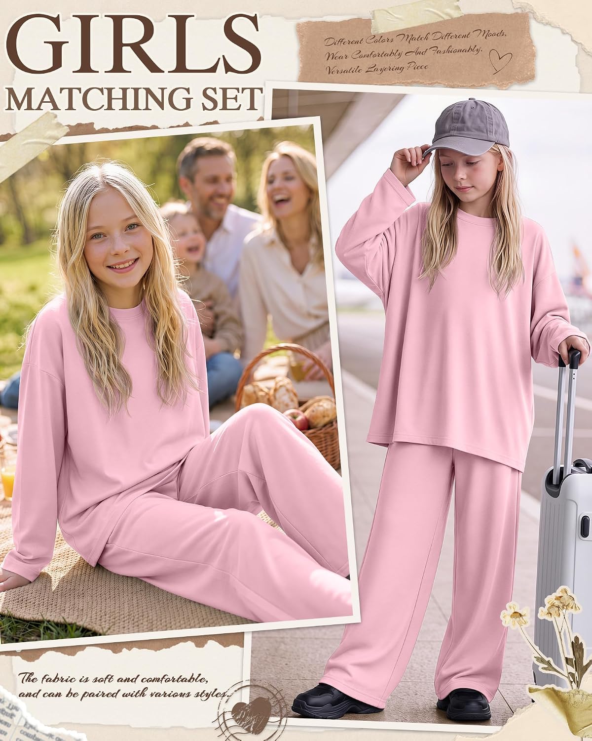 Girls 2 Piece Outfits Sets, Light Pink, 11-12 Years