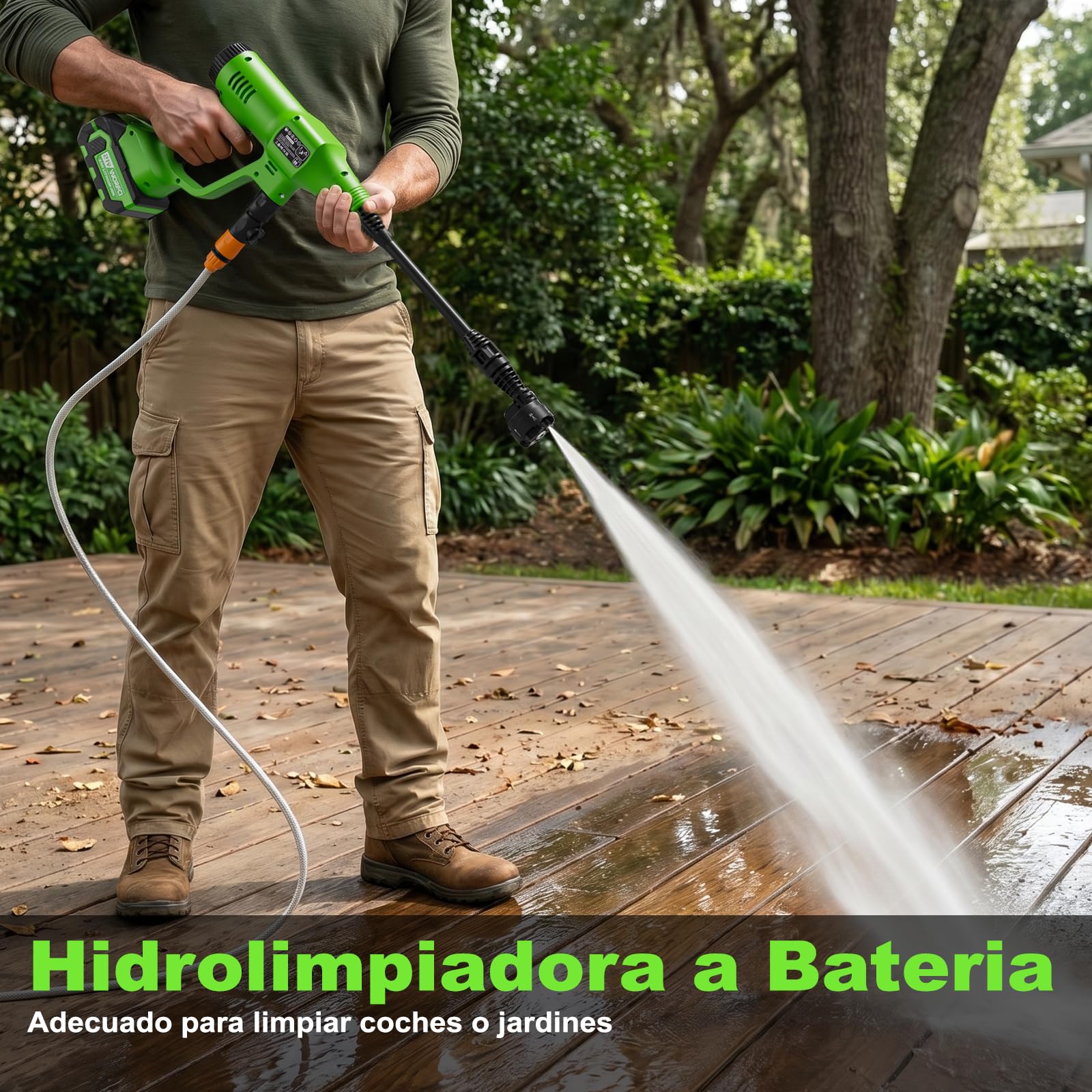 Hidrolimpiadora a Bateria con Boquilla 6 en 1, 2 Baterías, Manguera Trenzada de 6,5 m, Hidrolimpiadora Portátil de Alta Presión Conexión de Grifo para Coche, Jardín, Terraza