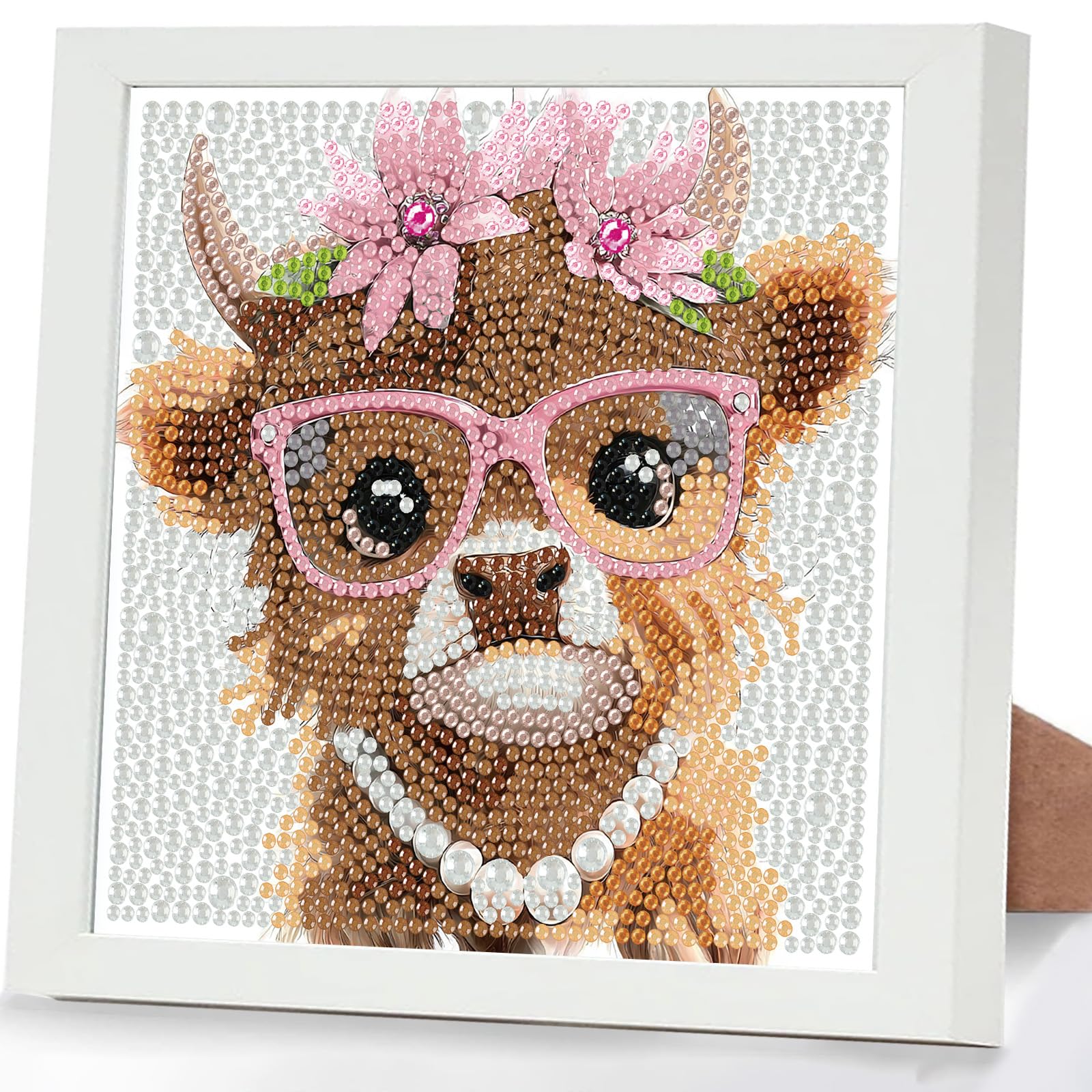 GHHKUD Animal Diamond Art Kits for Kids with Frame, Cow 5D Diamond Painting Kit for Kids Adults, Crystal Small Diamonds Gem Art Crafts Kits Gifts for Girls Boys Children Ages 6-8-12(7x7inch)