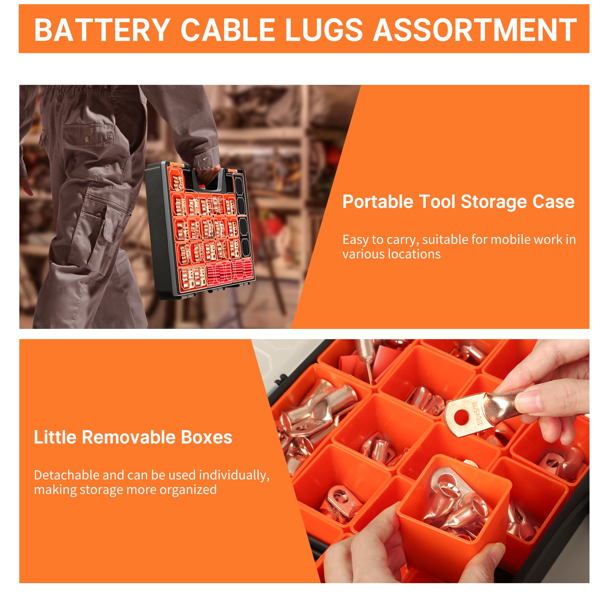 Kuject 220 extremos de cable de batería AWG 1, 2, 4, 6, 8, 1/0, 2/0, 110 terminales de cobre resistentes, surtido de conectores de terminales de cable de batería con 110 tubos termorretráctiles 3:1