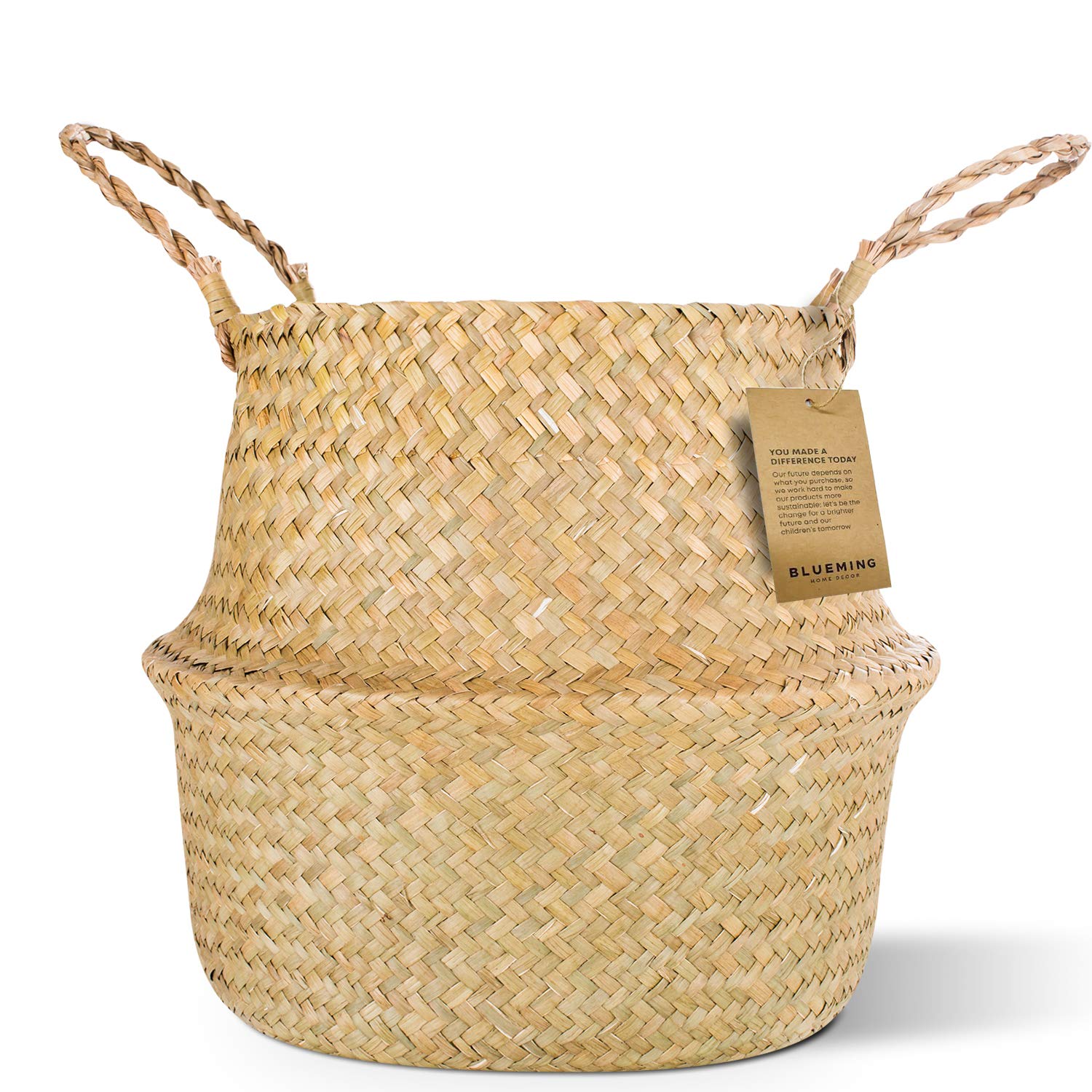 Blueming Home Decor Plant Basket – Large Seagrass Planter Baskets for Indoors, Woven Rattan Planters for Tall Indoor Plants with Handles, Wicker Boho Decorative Plant Pot (Large, 11-12 Inch)