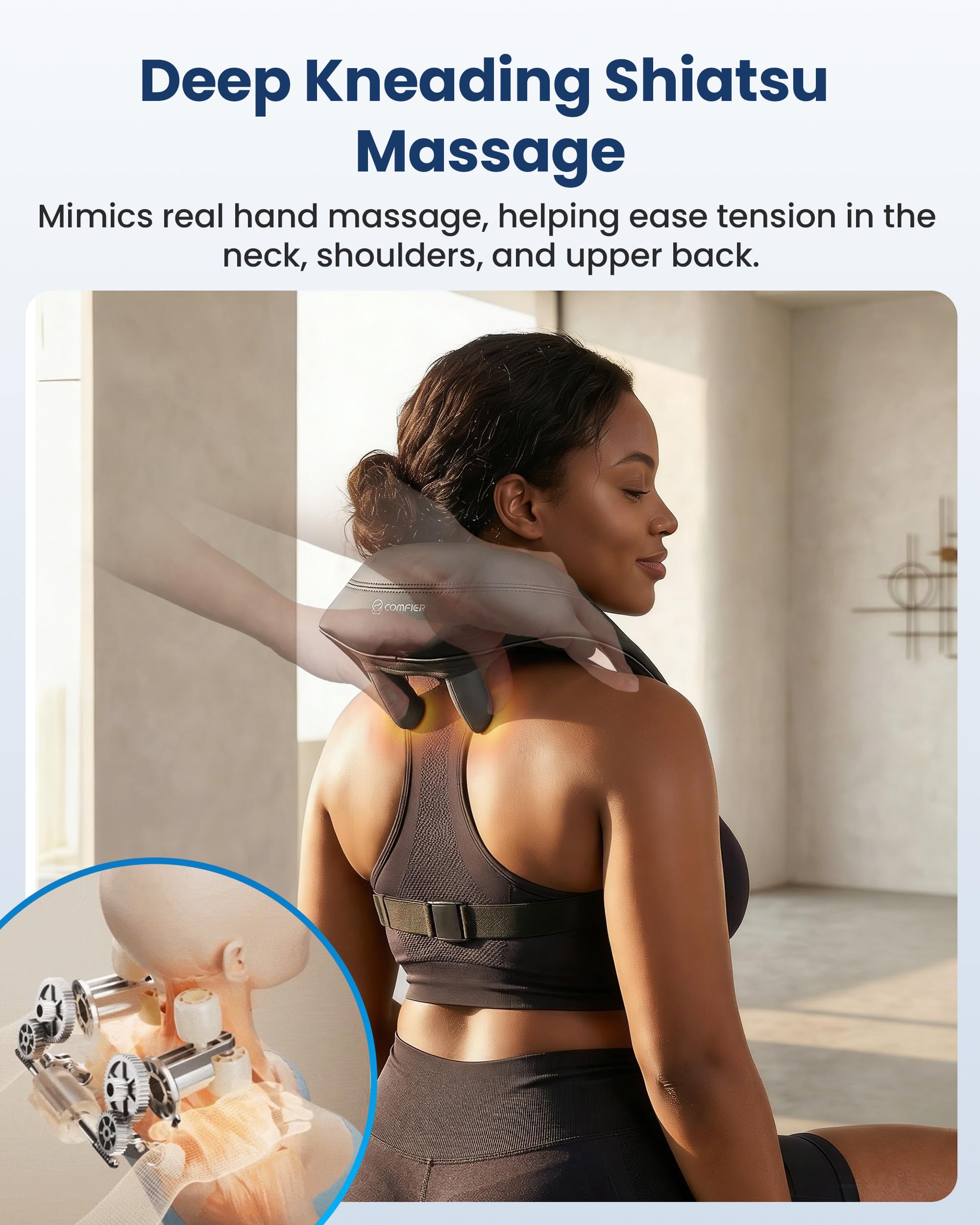 COMFIER Shiatsu Masajeador de Cuello, Amasamiento Profundo para Espalda y Hombros, Regalo para Hombres Mujeres (Gris)