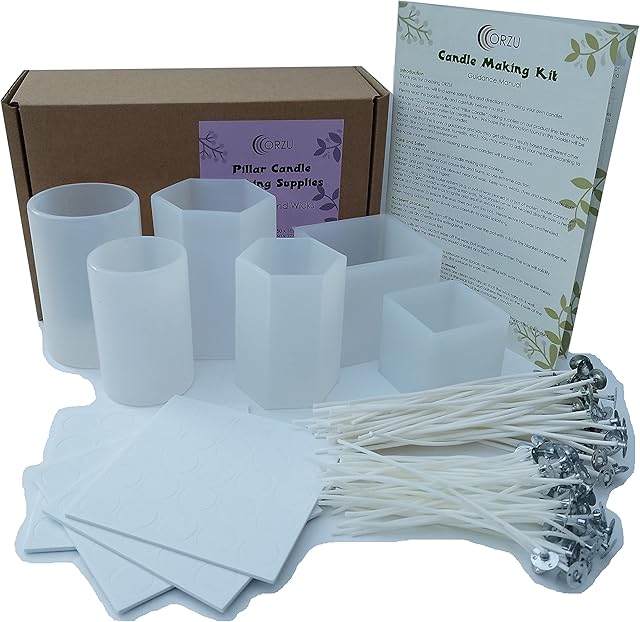 ORZU Pillar Candle Making 6X Moulds Wicks for Adults | 6 Moulds Molds Cylinder Square Cube Hexagon Silicone | Paraffin Free | Make Your Own Candles Beginner Starter DIY | 18 Strand 37 Cotton Wicks