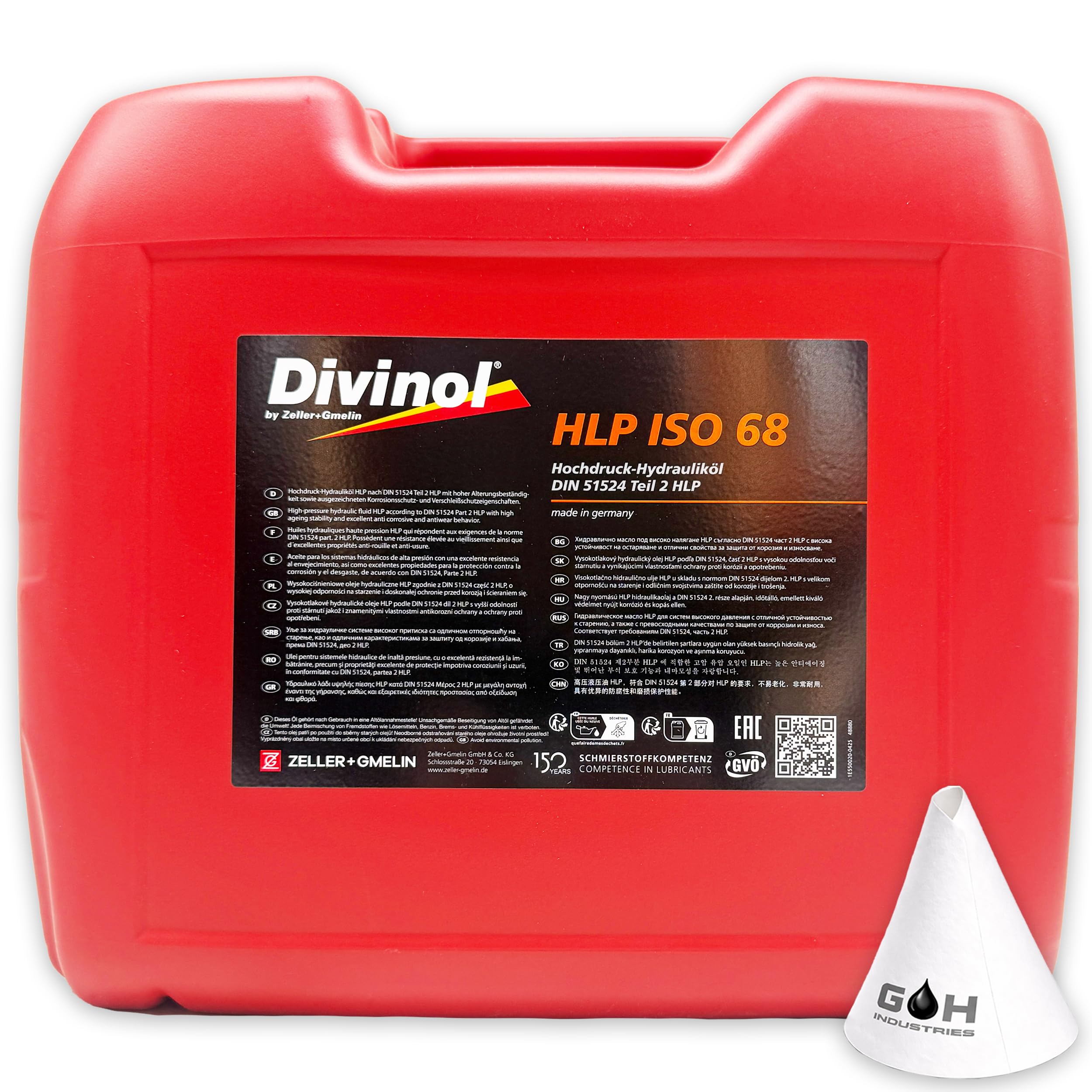 Divinol HLP 68 | 20 L | Hydrauliköl | DIN 51524-2 HLP | ISO VG 68 | (48880) | Hochdruck Hydrauliköl für Hydraulikanlagen Maschinen Industrie – Verschleißschutz Öl | mit Trichter