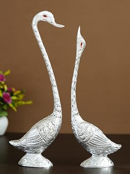 eCraftIndia Silver Metal Handcrafted Swan Couple Statues Love Birds Figurines Decorative Showpieces - Romantic Feng Shui Idols - Ideal For Wedding, New Year, Valentines Day Gifts As Home Office Decor