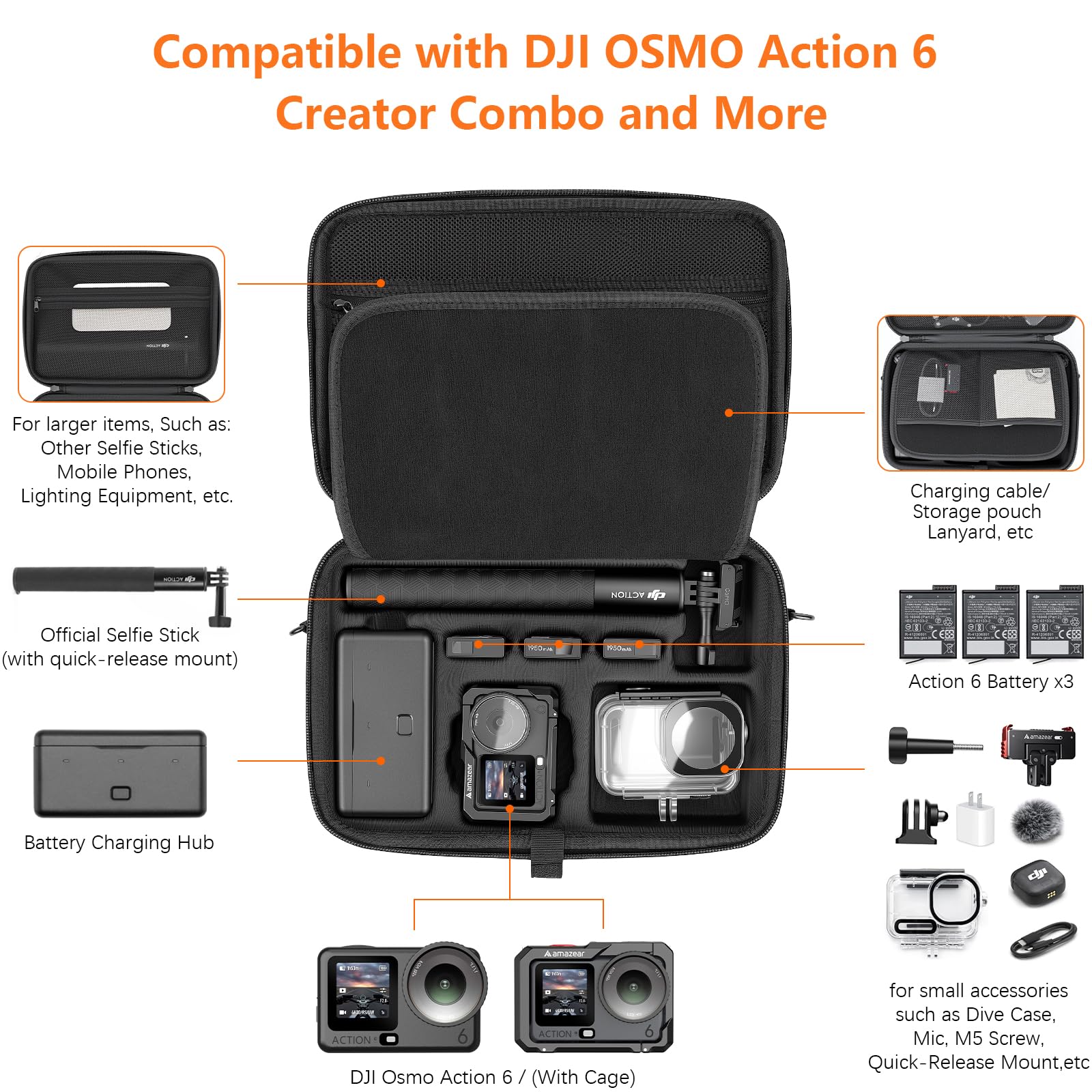 AMAZEAR Tragetasche für DJI Osmo Action 6 Zubehör, Kompakte Hartschalen Tasche Bag mit Schultergurt, Tragbare Kameratasche für Reisen, Organisation, Aufbewahrung, Schutz, Schwarz etui