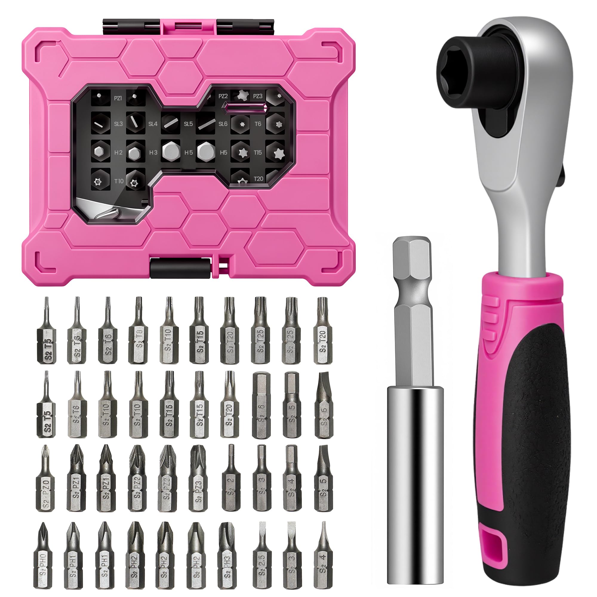 Mini Ratchet Screwdriver Set for Home Repairs Portable Pink Tool Kit for Women 72-Tooth Compact Ratchet with Bits