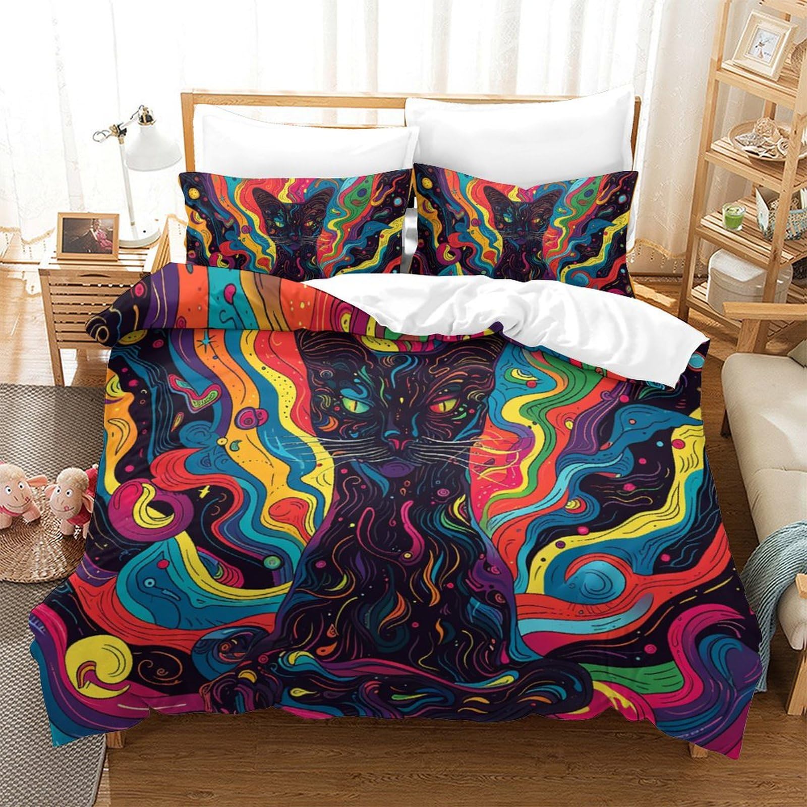 Parure de lit chat 220x240 housse de couette microfibre 3 pièces king