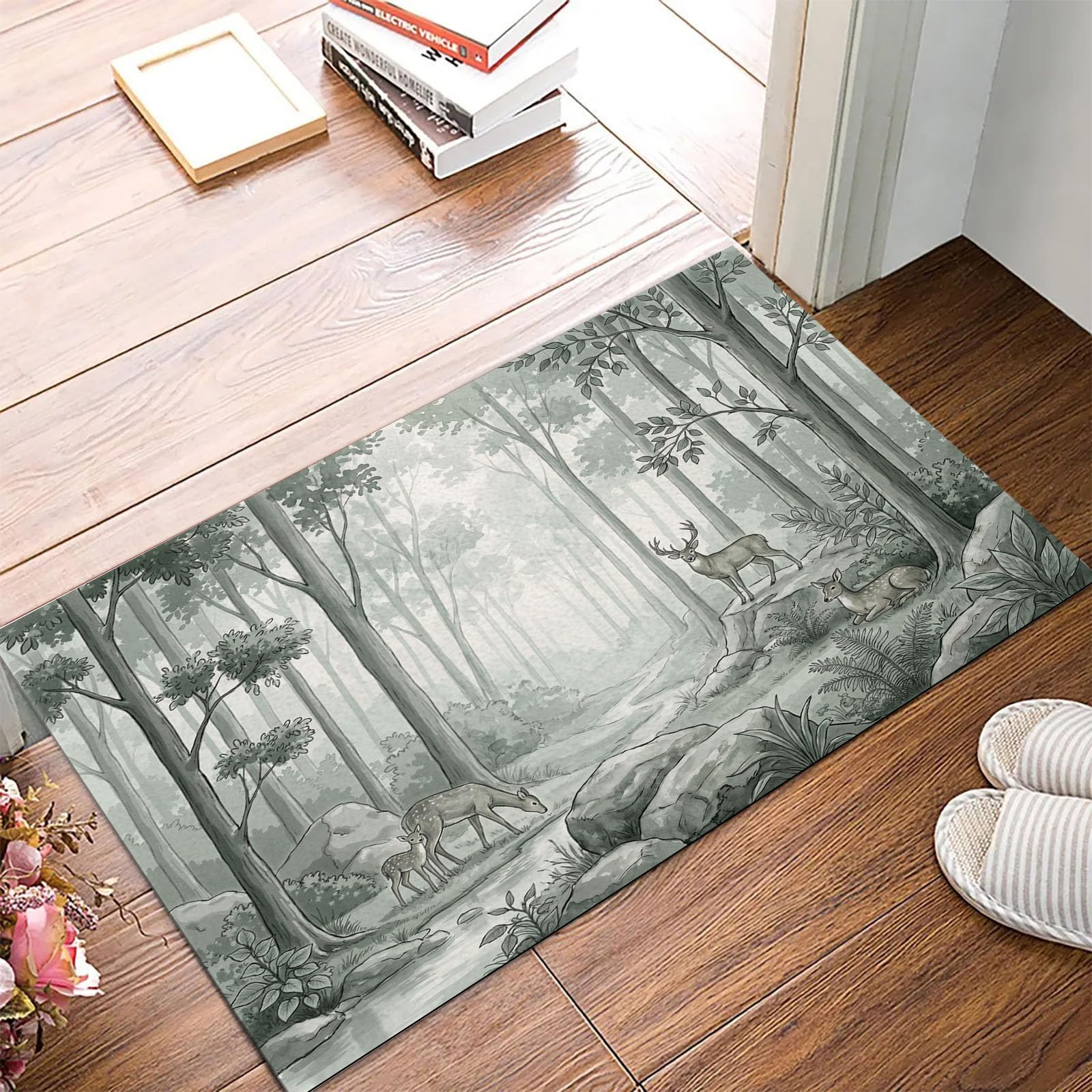Schmutzfangmatte Innen 60x90cm, Waldhirsch Waschbare rutschfeste Fußmatte, Tintenwald Fußmatte Eingangstürmatte für Haustür Flur Innenbereich, Graugrün