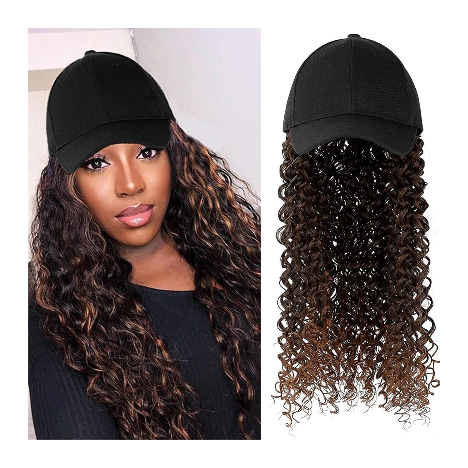 Wig Cap Gorra de béisbol Peluca Sintética Pelucas rizadas largas Sombrero Natural Negro/marrón con cabello for mujer(F988)