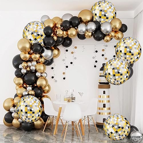 Miniatura 7 de KatchOn, Globos grandes de bola de discoteca – 22 pulgadas, paquete de 6 | Globos de discoteca en 4D color negro, plateado y dorado para despedida