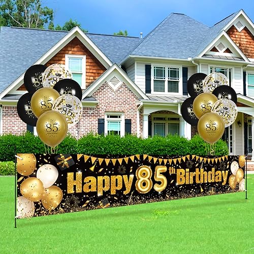 Miniatura 2 de Decoraciones de cumpleaños n. 85 para hombres y mujeres, cartel de patio negro y dorado y 18 globos de feliz cumpleaños para suministros de fiesta
