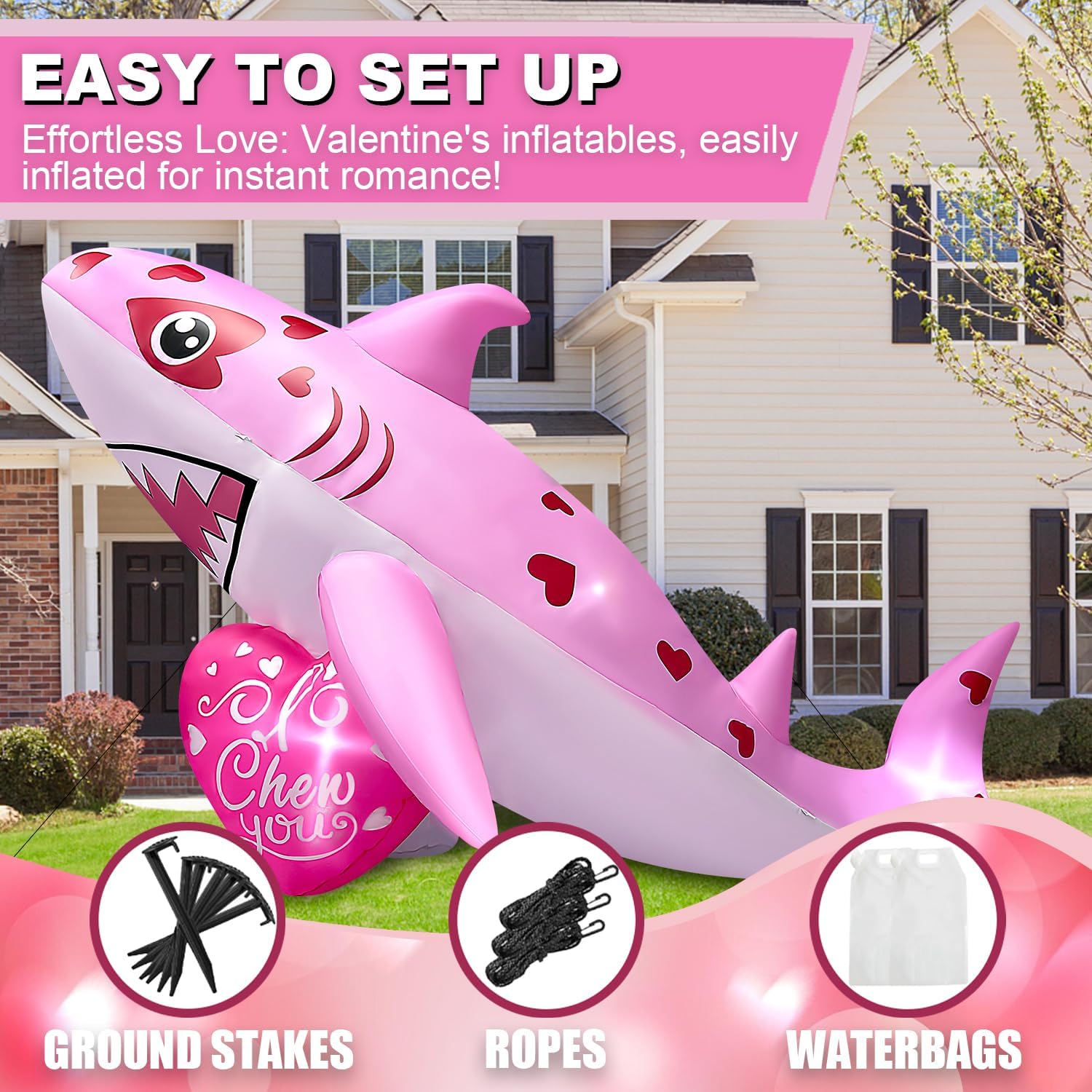9FT Long Giant Inflatables Pink Shark with I Chew You Heart Decorations Built-in LED Lighted Blow Up Decoration Home Yard Outdoor Indoor Garden Lawn Decor