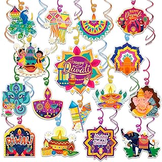 DPKOW Happy Diwali Decorations Diwali Hanging Swirl Decor Deepavali Swirl Streamers Diwali Festival of Lights Party Decorations Ornament Foil Swirls Diwali Spiral Streamers Diya Rangoli Peacock, 30pcs