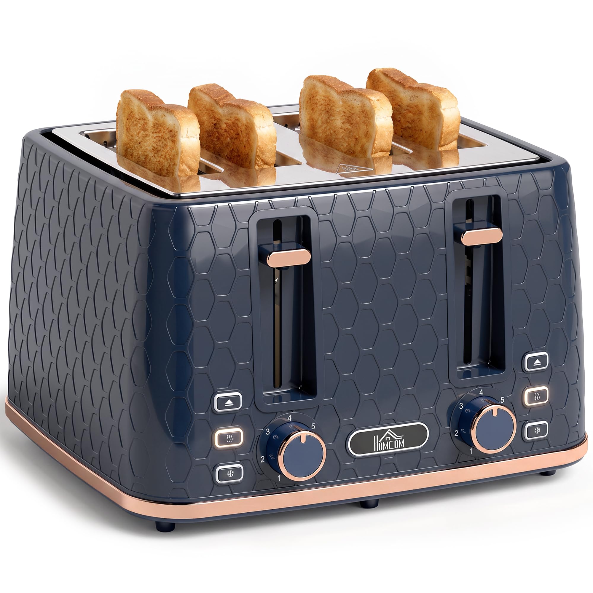 HOMCOM 4 Slice Toaster with 7 Browning Levels, High Lift, 1860W, Dark Blue | Reheat/Defrost/Cancel, Self-centring Function, Removable Crumb Tray, Auto Off, Honeycomb Texture