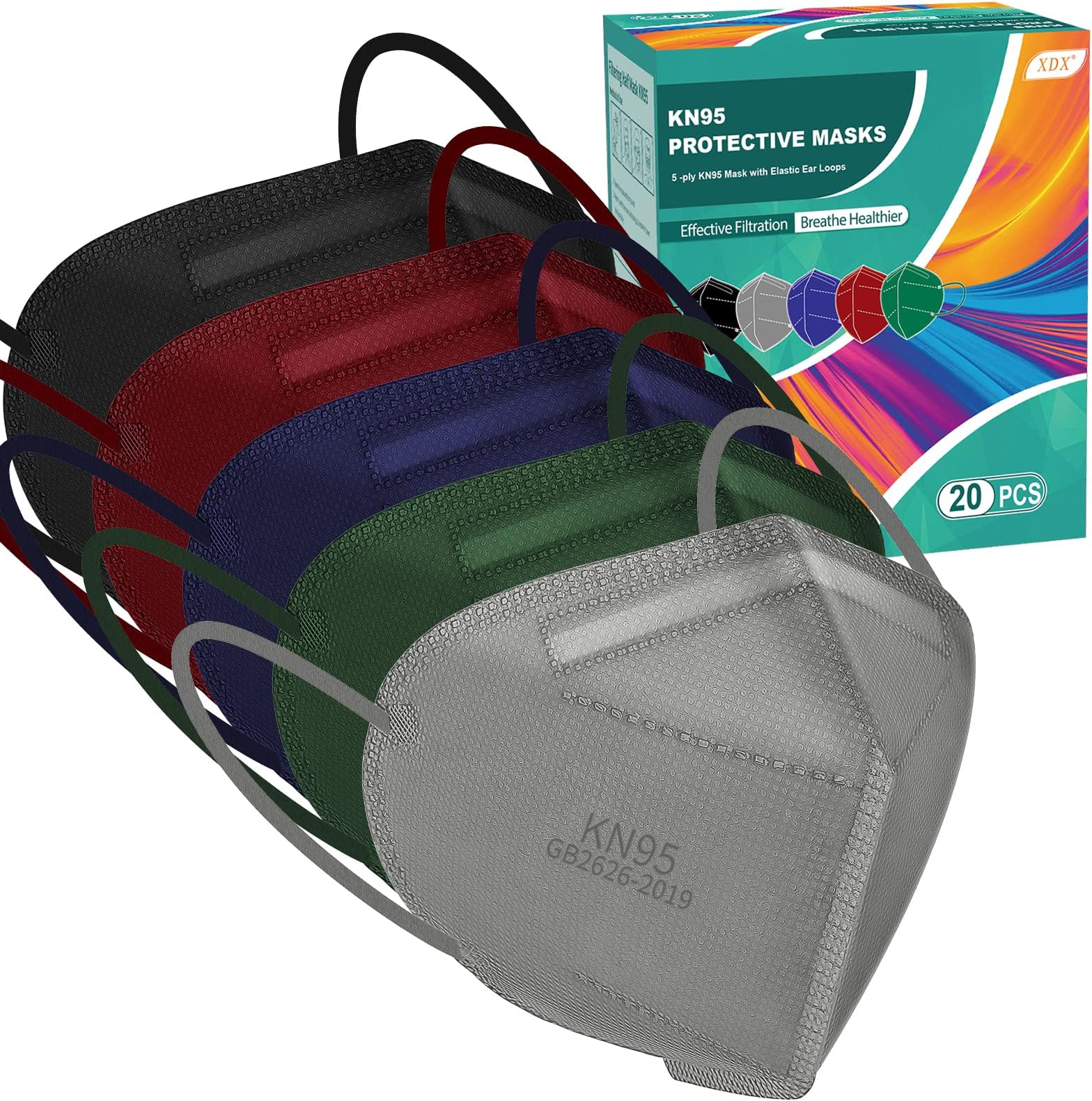 XDX KN95 Face Masks, Individually Wrapped Multicolor Face Masks for Men and Women, 5 Layers Breathable & Comfortable Masks Disposable, Filter Efficiency ≥95% (Medium Size-20 Pack)