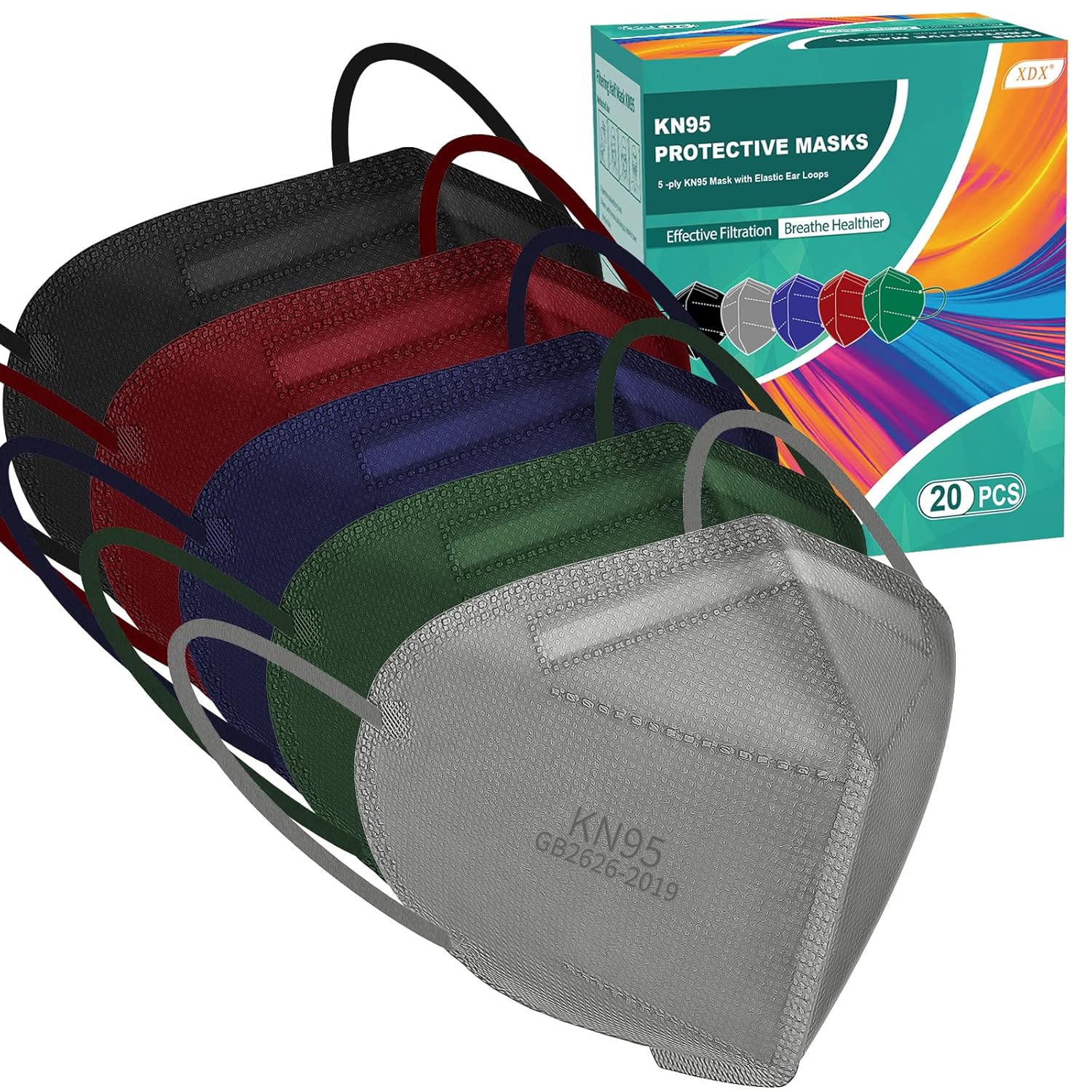 XDX KN95 Face Masks, Individually Wrapped Multicolor Face Masks for Men and Women, 5 Layers Breathable & Comfortable Masks Disposable, Filter Efficiency ≥95% (Medium Size-20 Pack)