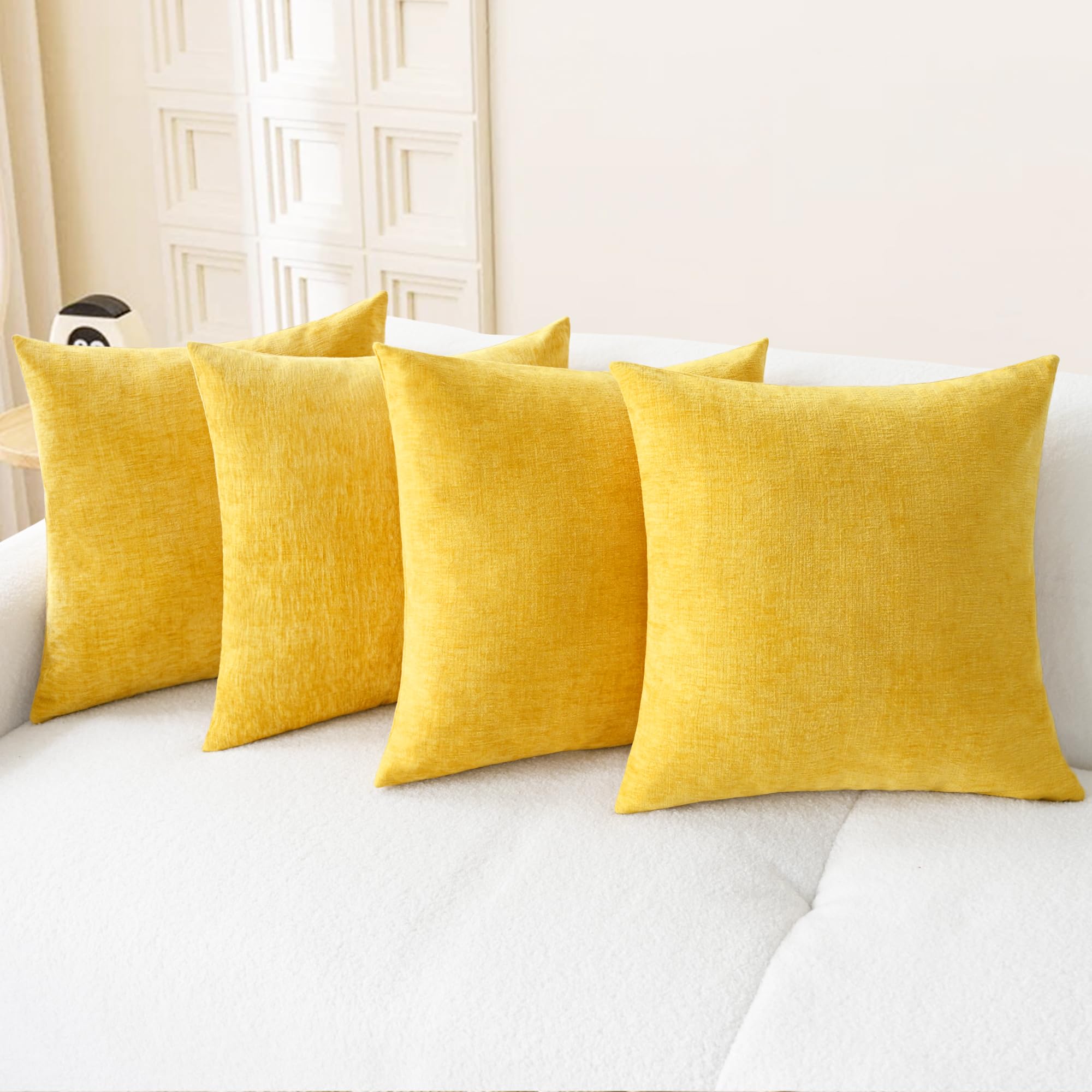 CaliTime Pack of 4 Cozy Throw Pillow Covers Cases for Couch Sofa Home Decoration Solid Dyed Soft Chenille 45cm X 45cm Mustard Yellow — image 1