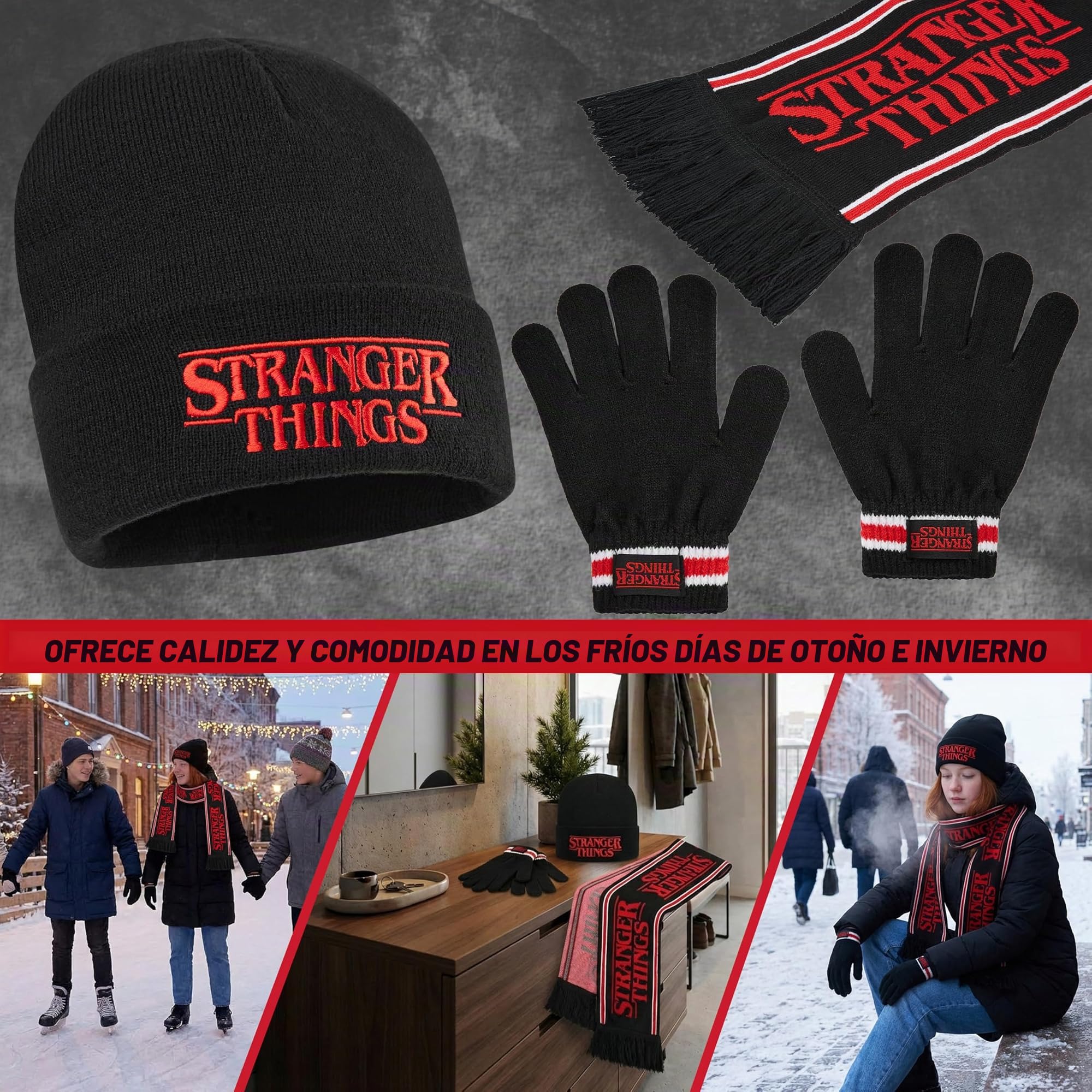 Stranger Things Conjunto Gorro Bufanda y Guantes Niño Niña, Infantil Accesorios Ropa de Invierno, Regalo Fan de la Serie