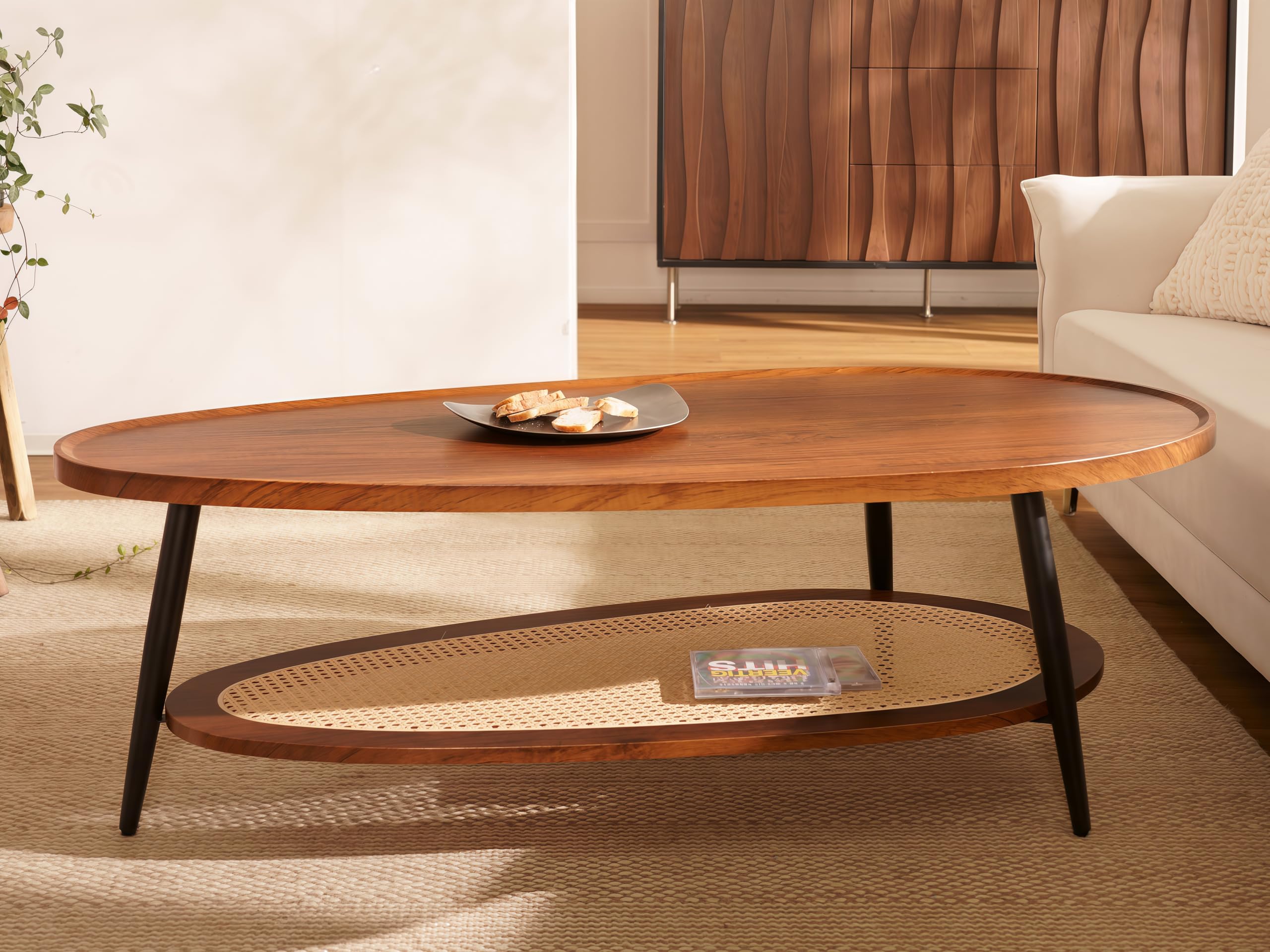 Shrine Oval Wood and Rattan Coffee Table, Mid-Century Modern Coffee Table, Two-Tier Brown Walnut Table for Living Room, D47.2''x W25''x H15.3'',