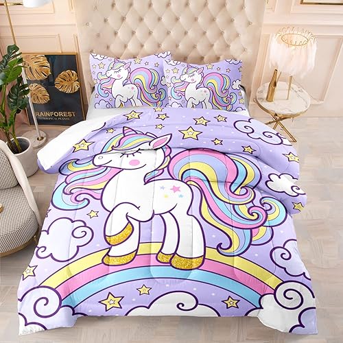 Axolotl Juego de ropa de cama de unicornio arcoíris tamaño matrimonial juego de edredón de unicornio morado con nube de estrellas para niñas 1