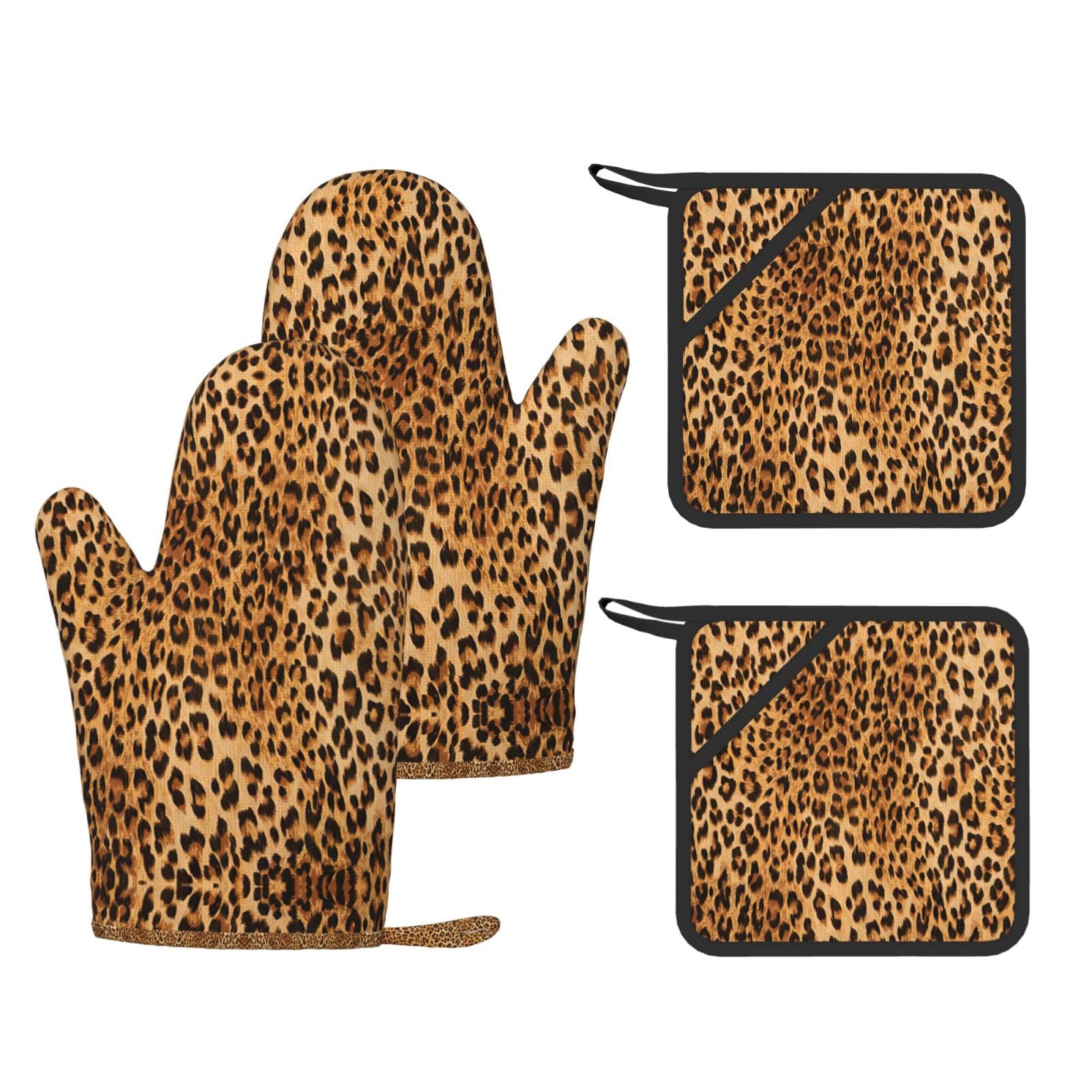 Leopard Print Printed Pot Holders and Oven Mitts 4-Piece, Non-Slip Kitchen Gloves with Utensil Pocket for BBQ