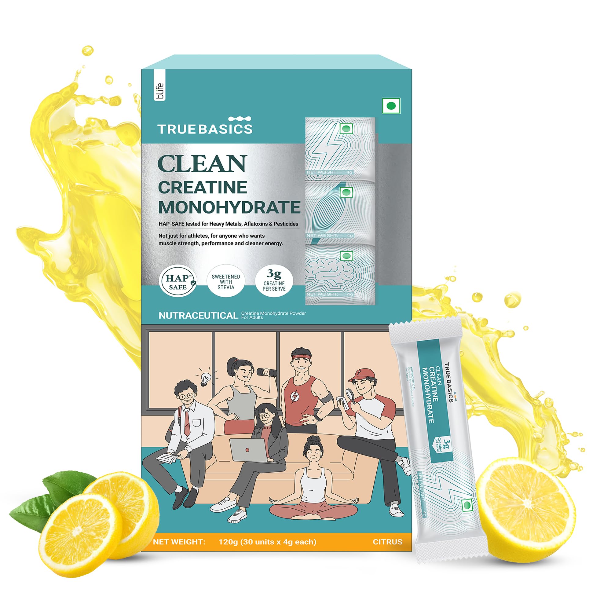 TrueBasics Clean Creatine Monohydrate Powder, Citrus, 120g (30 Sachetsx4g each) | 3g Creatine per Sachet-image-2